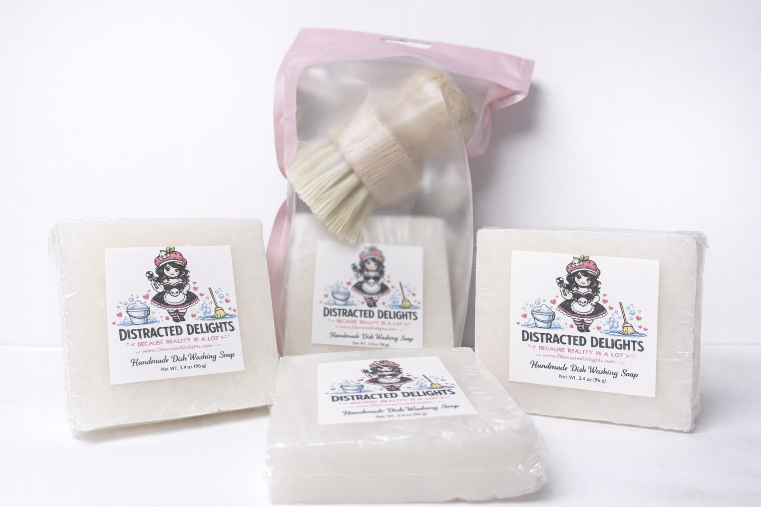Eco Friendly Dish Soap Bar & Bamboo Brush Set Solid Dish Soap Grease Cut