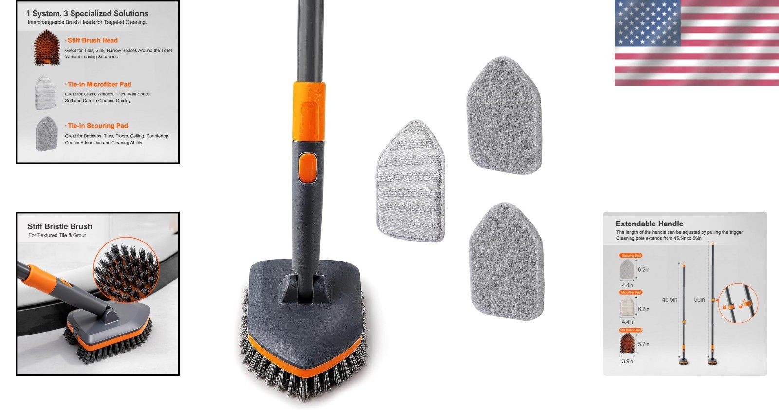Lightweight No Scratch Tile Scrubber with 56″ Stainless Steel Extendable Handle