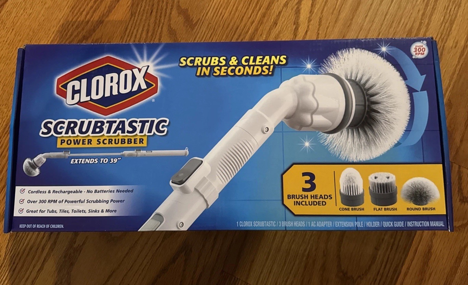 NEW- Clorox Scrubtastic Power Scrubber 3 Brush Heads Rechargeable Extends To 39″