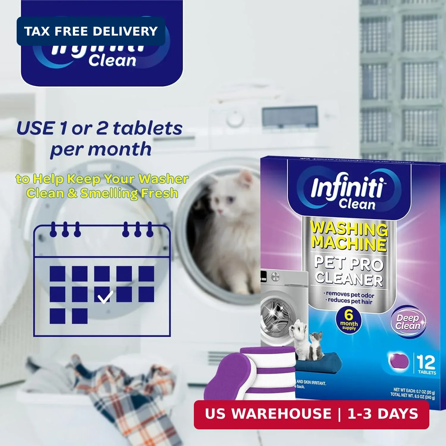 Washing Machine Cleaner Tablets 12 Pack, Formulated for Pet Owners, 8.5oz Washer