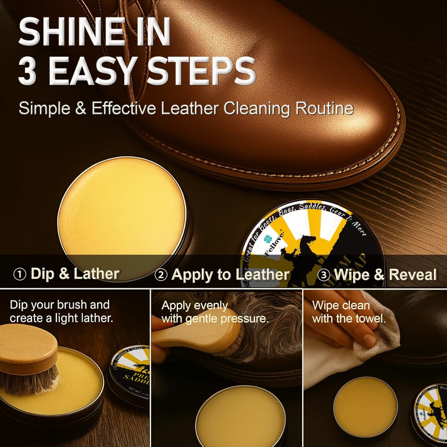 Saddle Soap Leather Cleaner & Conditioner Kit w/ Brush & Cloth – 3.52oz