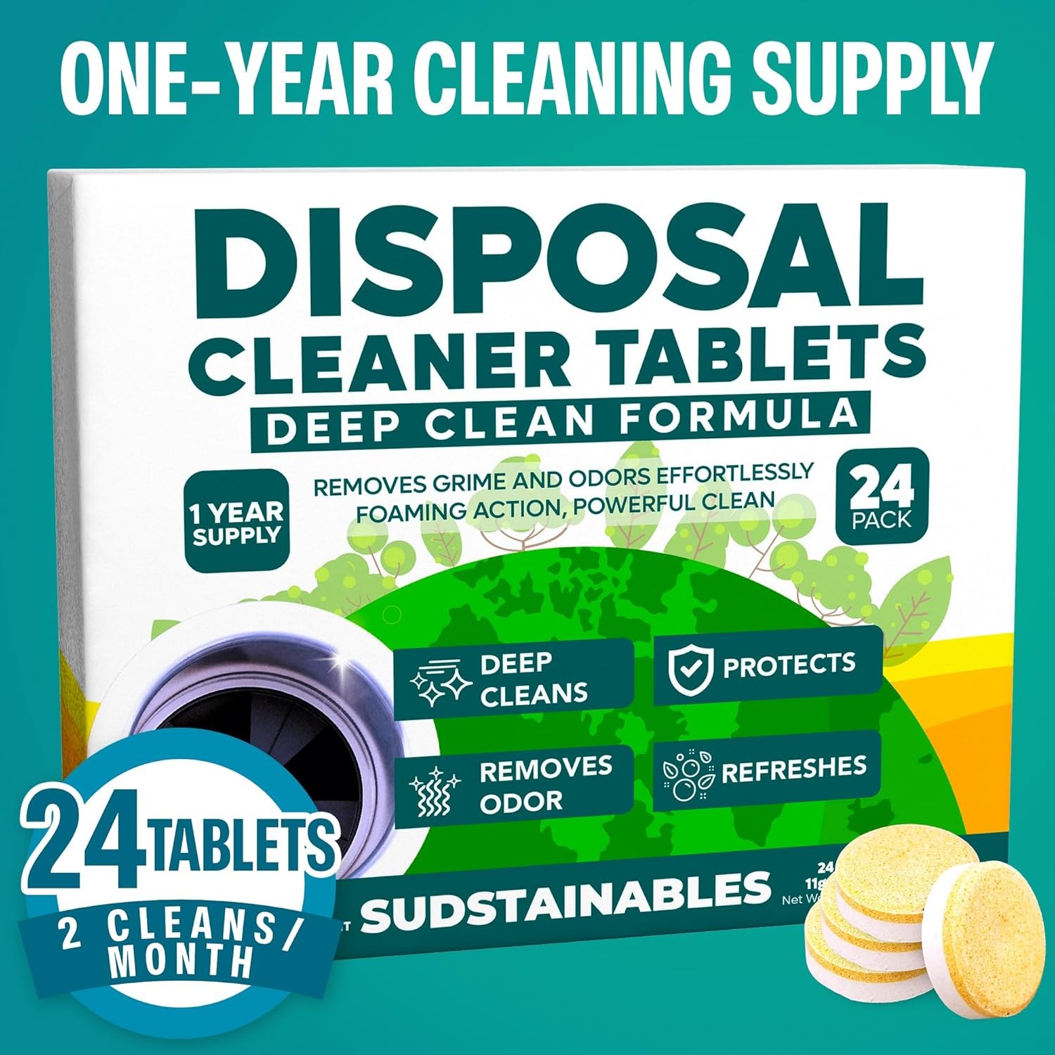 Garbage Disposal Cleaner Tablets 24-Pack – Sink Cleaner and Deodorizer, Disposal