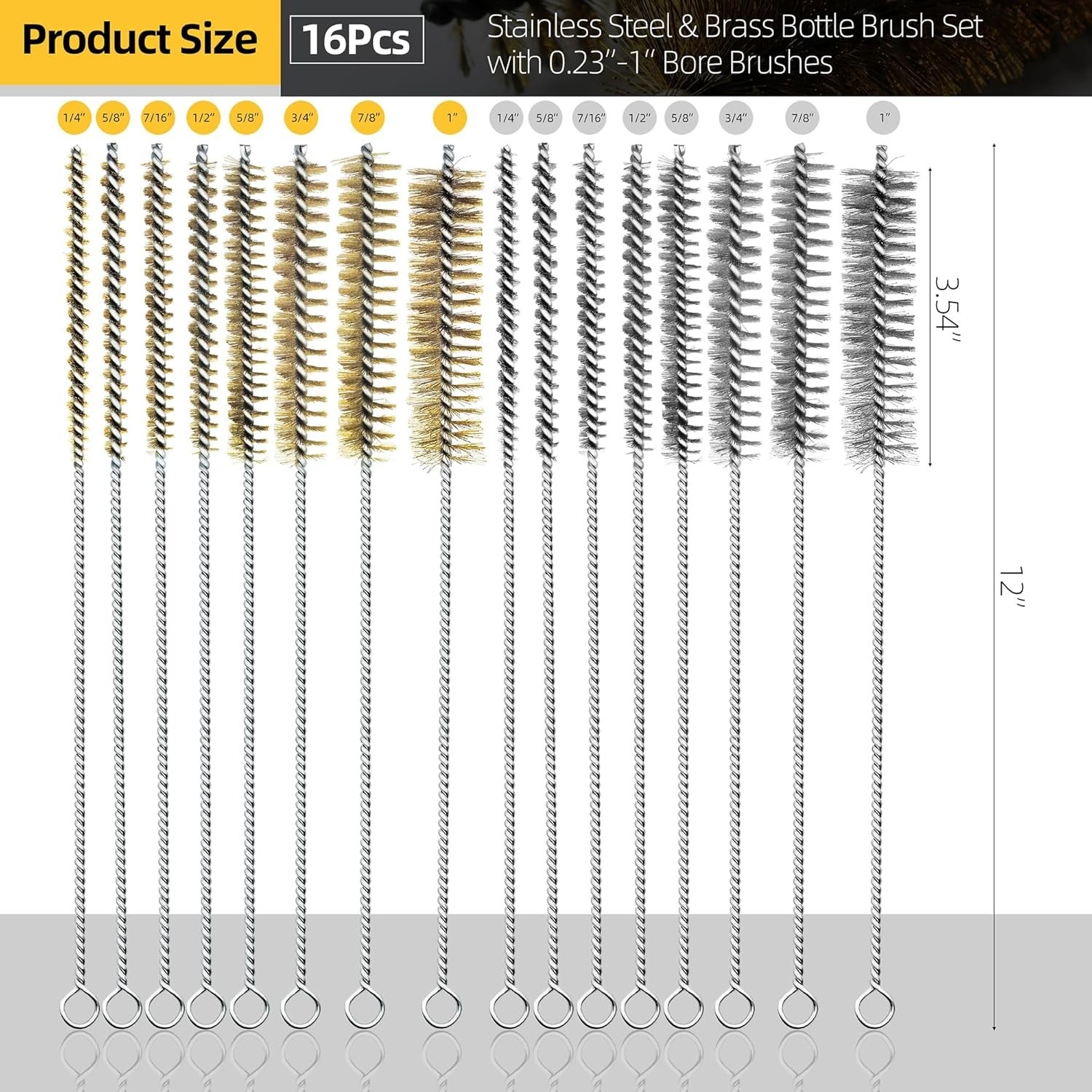 16Pcs Stainless Steel & Brass Wire Tube Brushes Bottle Brush Set,12″ Long Wir…