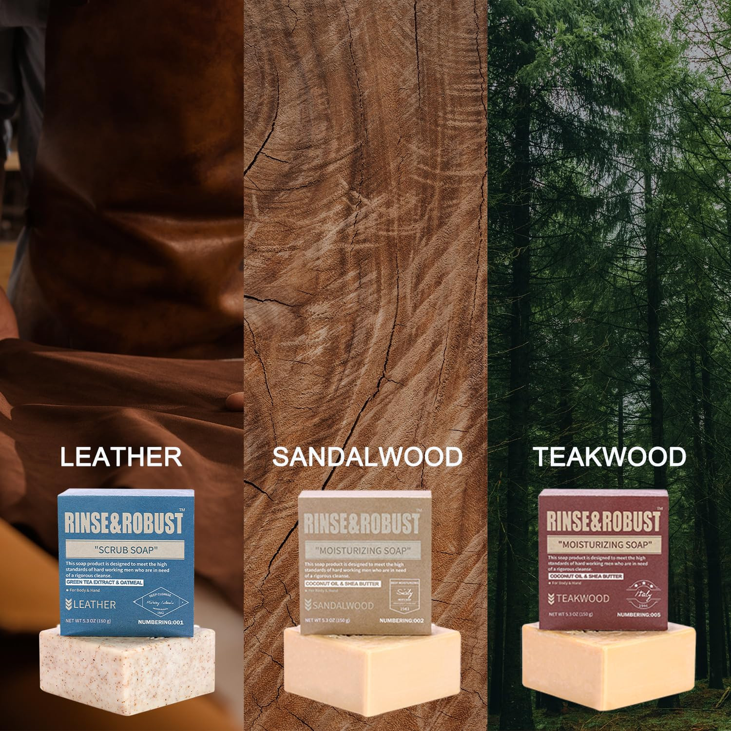 Rinse & Robust Mens Bar Soap Bath Bar Soap 3Pack Handmade Natural Soap Bar Set C