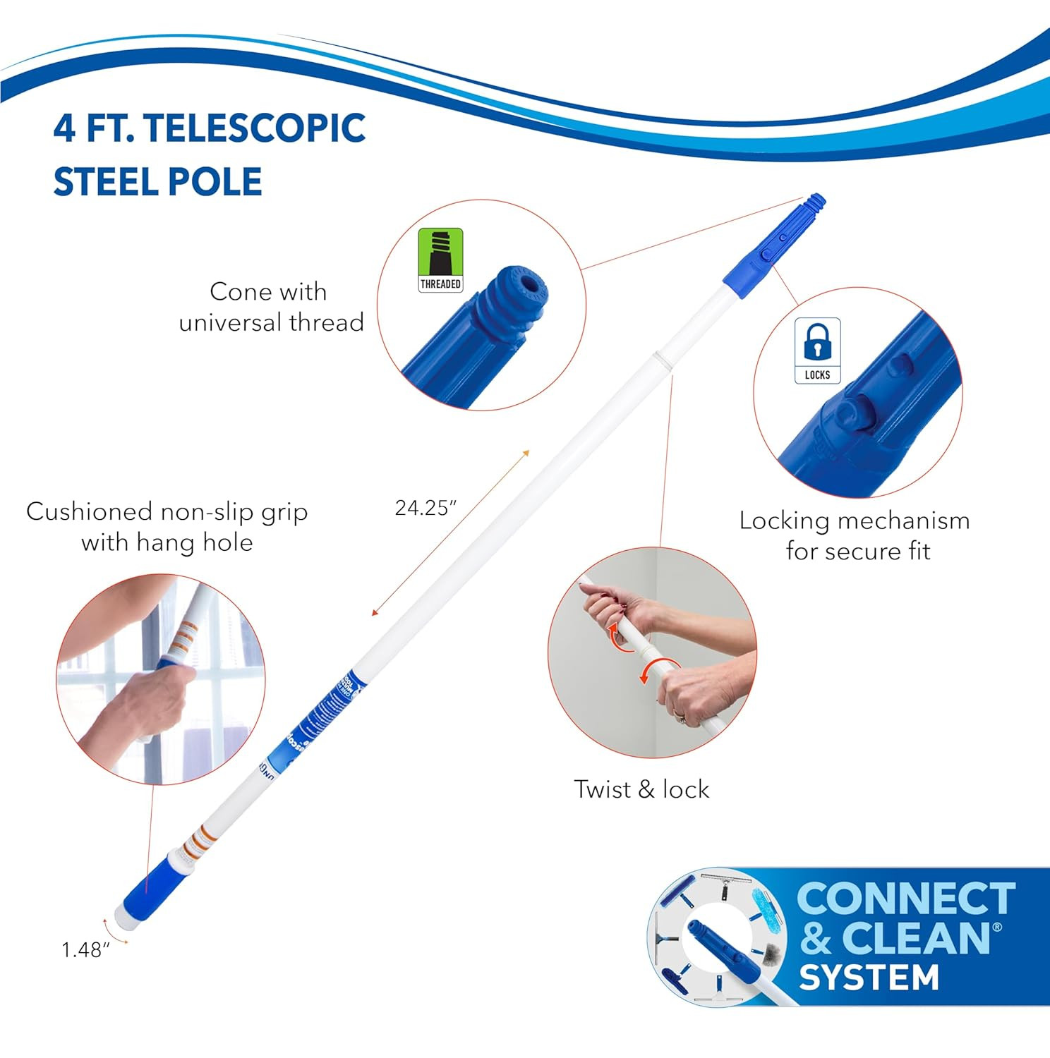 Speed Clean with 4Ft Pole and Extra Reusable Pads, Indoor Window Cleaner, Househ