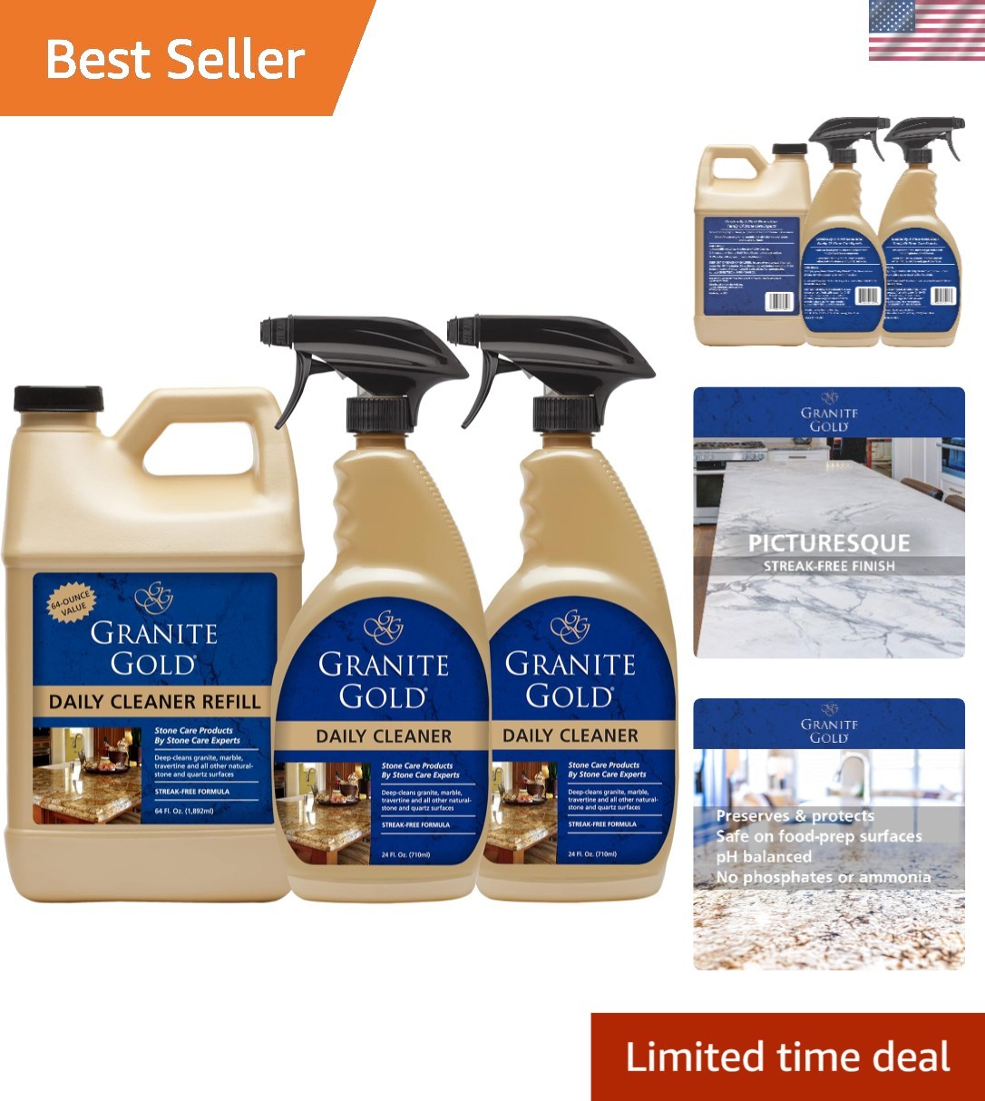 Natural Ingredients Daily Cleaner Spray – Streak-Free for Stone Surfaces, 3-Pack