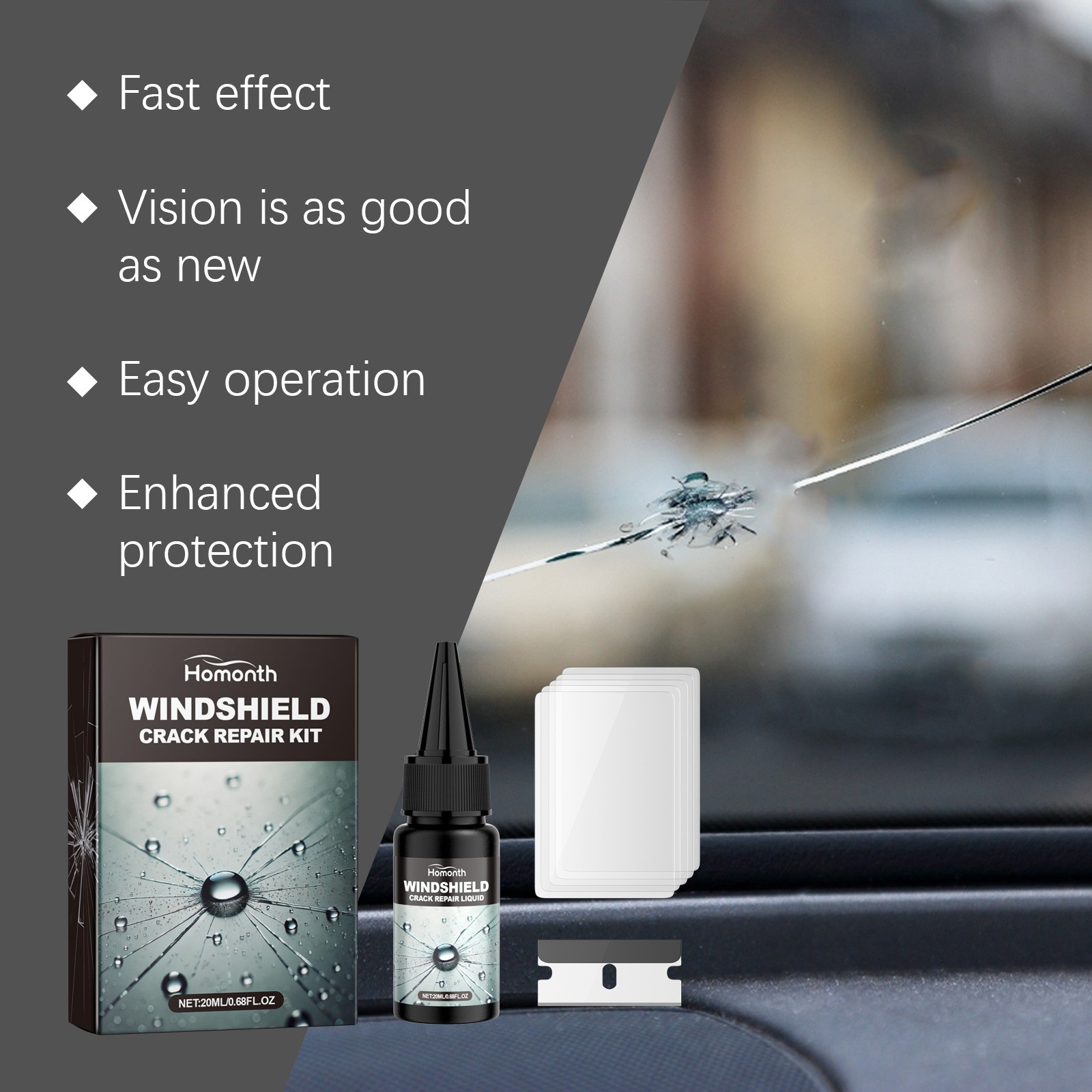Automotive Glass Repair Kit Fluid Fix Car Windshield Resin Chip Crack Tool