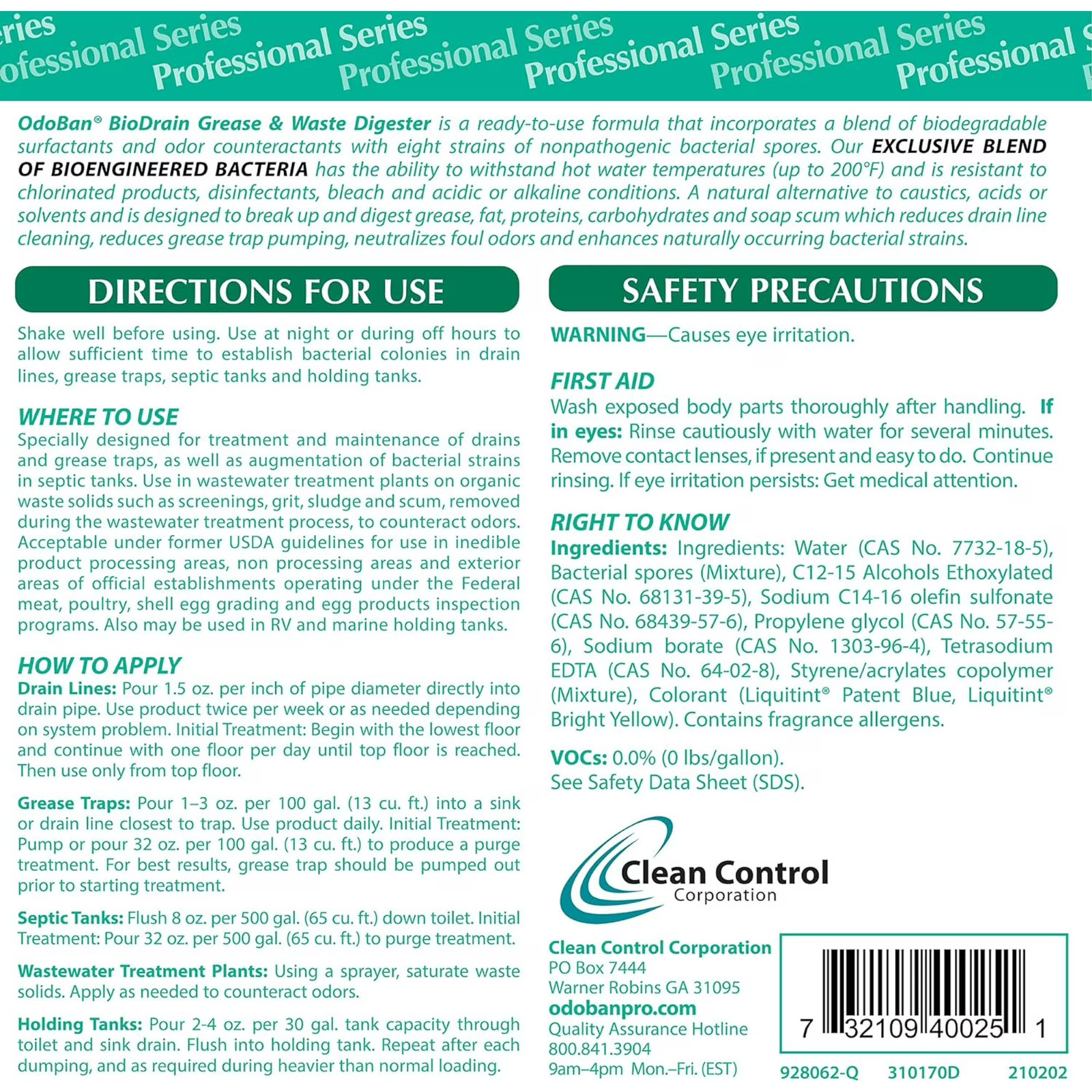 OdoBan Professional Ready-to-Use BioDrain Grease and Waste Digester, Set of 4