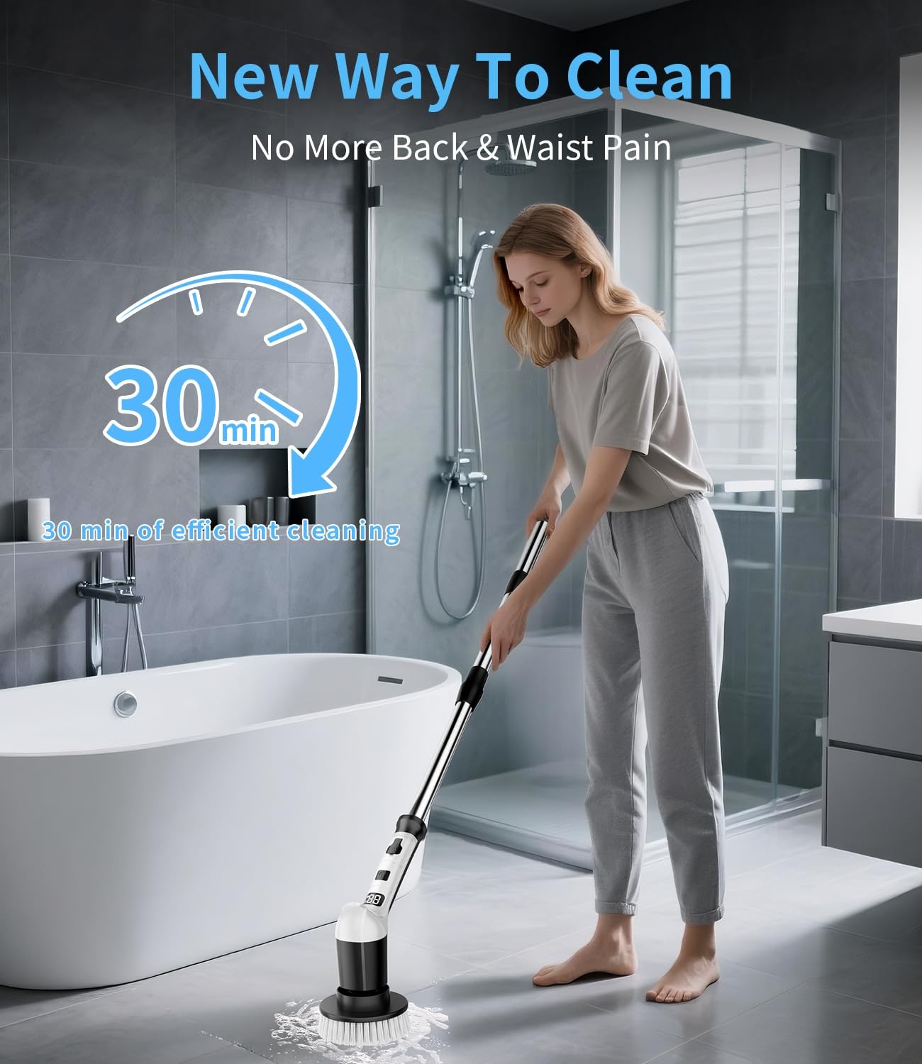 Electric Spin Scrubber with 3 Speed, Adjustable Extension Handle, 8 Brush Hea…