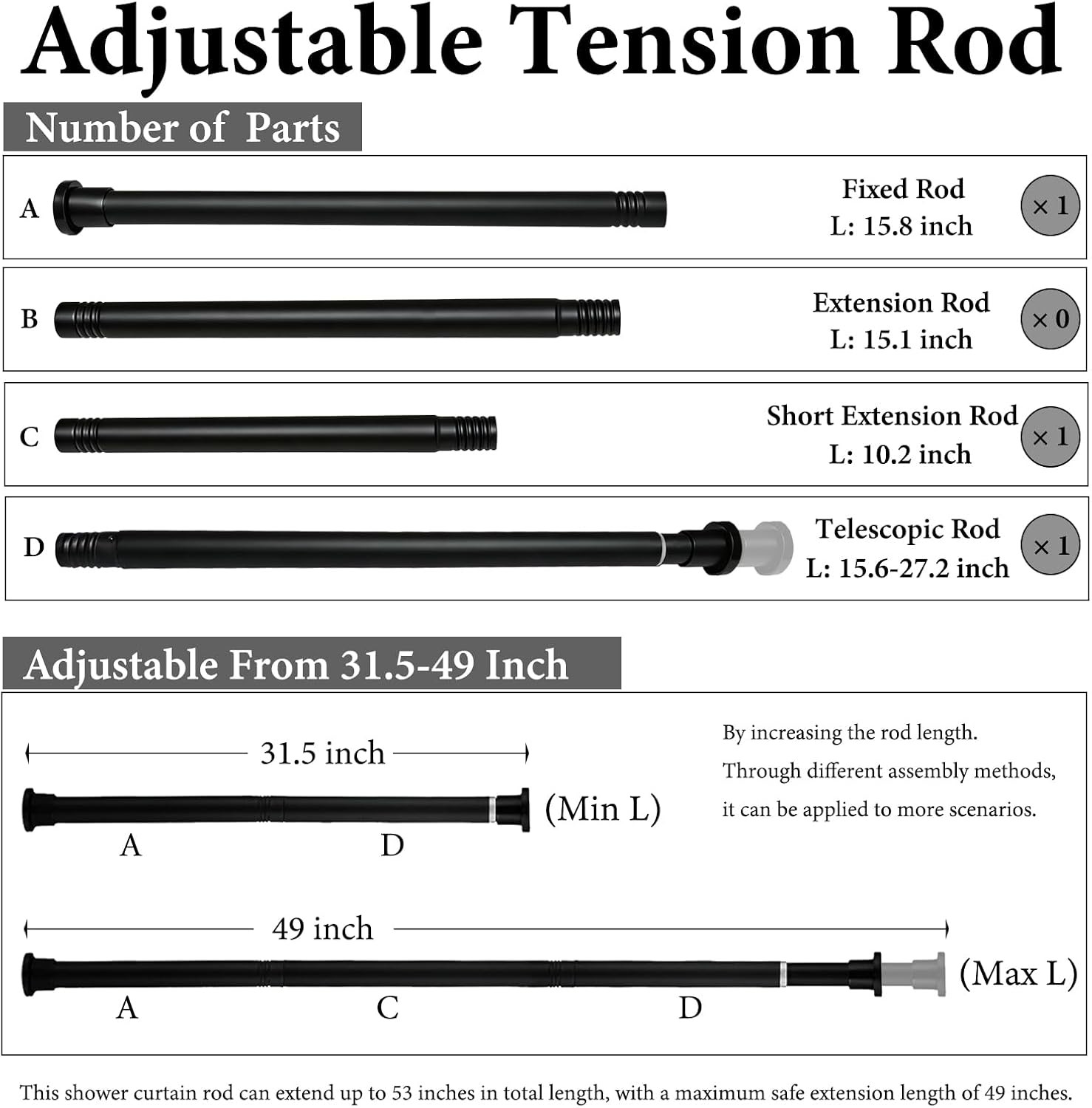 Shower Curtain Rod 31 to 49 Inch,Heavy Duty Adjustable Tension Rod No Drilling N