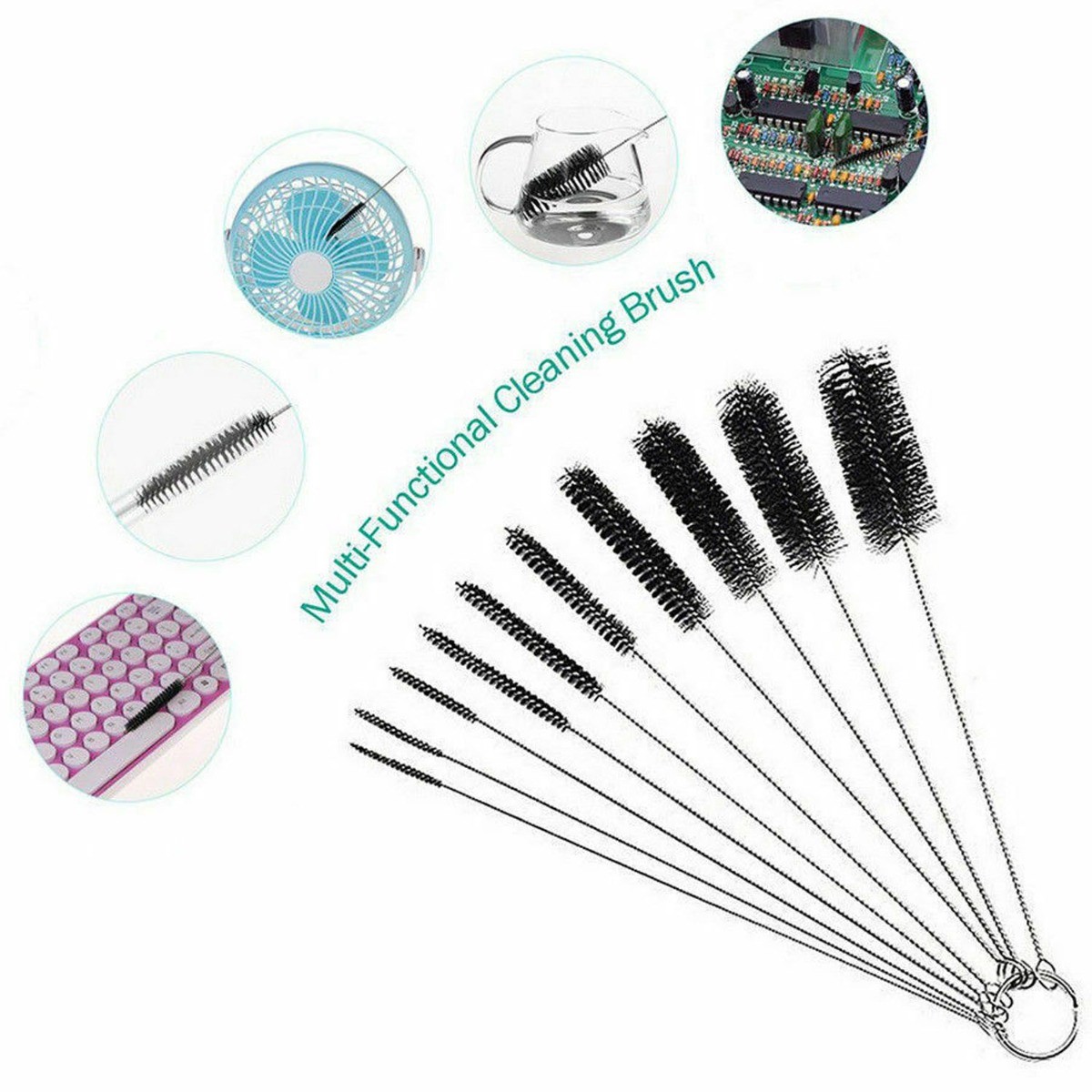 Nylon Straw Brush Cleaner Bottle Tube, Stainless Steel, 10PCS