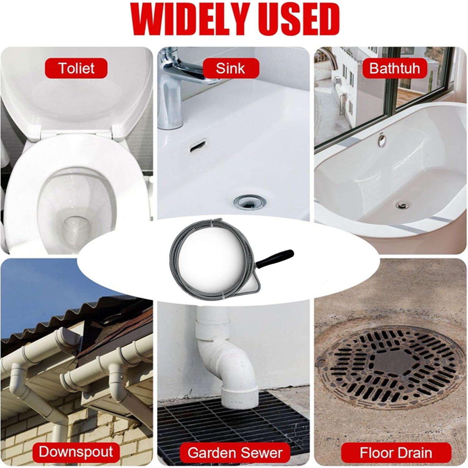 10ft DRAIN OPENER Spring Wire Rod Auger Snake Pipe To Unclog Sink, Toilet, Tub
