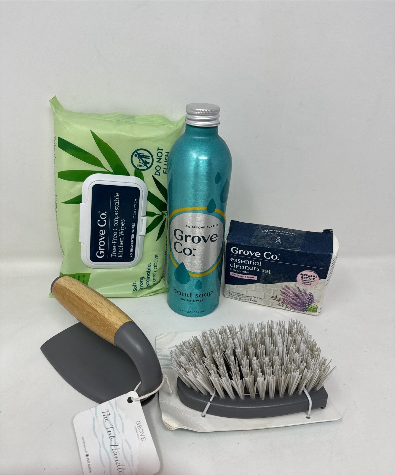 Grove Co. Essential Cleaners Set Lavender- Kitchen Wipes-Hand Soap/Tub Brush New