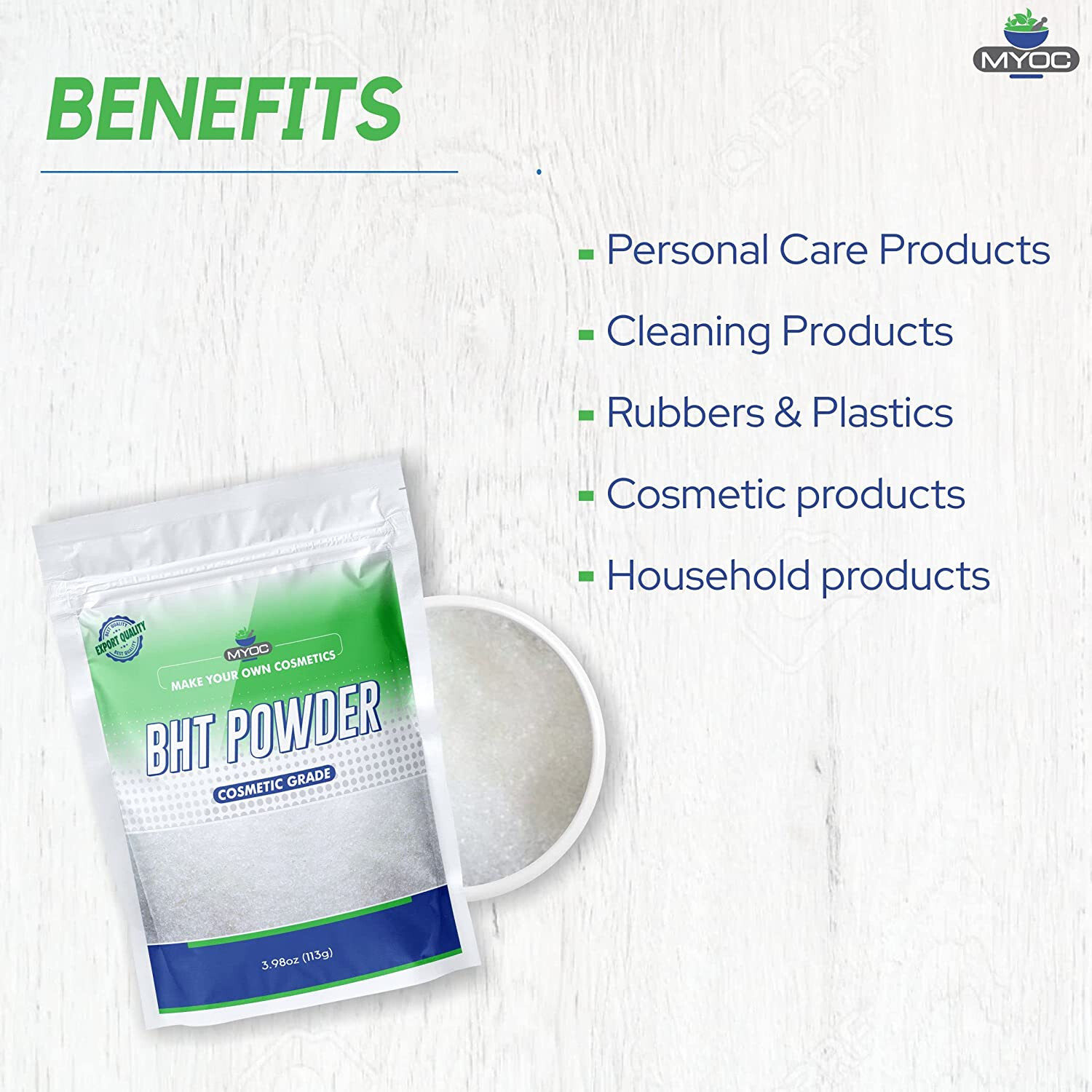 MYOC BHT (Butylated Hydroxytoluene) Powder, for Cosmetic Grade – 113g/3.98 Oz.