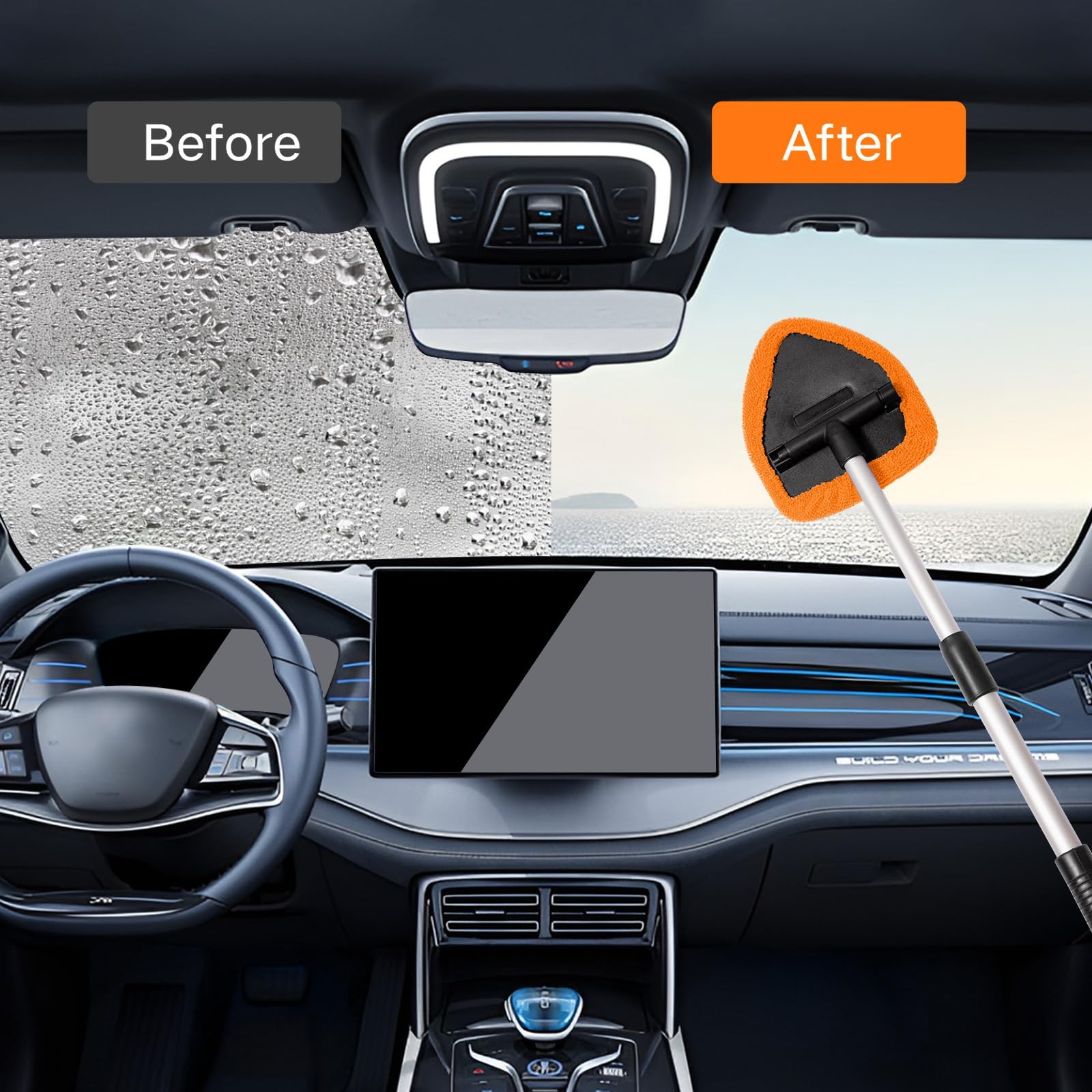 Windshield Cleaner Tool Kit with Microfiber Pads & Extendable Handle