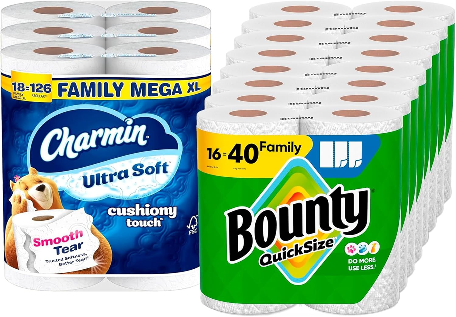 Bounty Quick-Size Paper Towels, White, 16 Family Rolls, Charmin Ultra Soft Cus