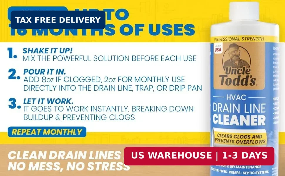 Uncle Todd’s HVAC Drain Line Cleaner – 16 Months Supply Bleach-Free, Fast-Acting
