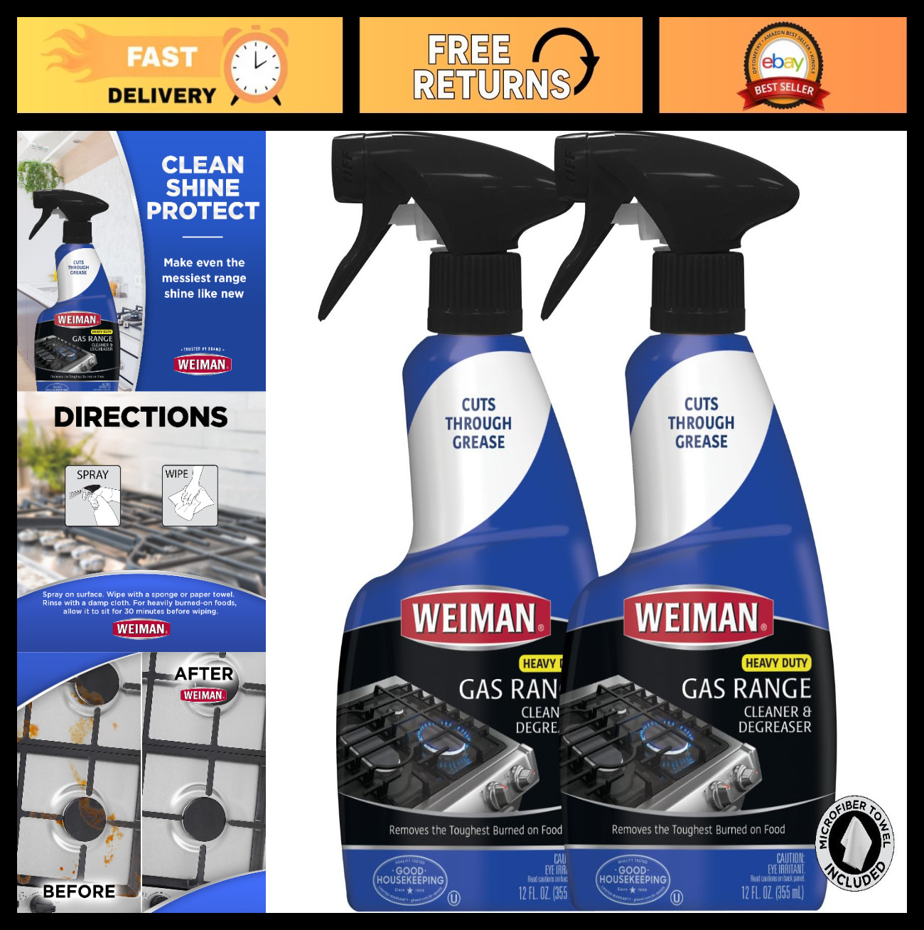 Heavy Duty Gas Range & Stove Top Cleaner Degreaser – 2 Pack, 24oz + Microfiber T