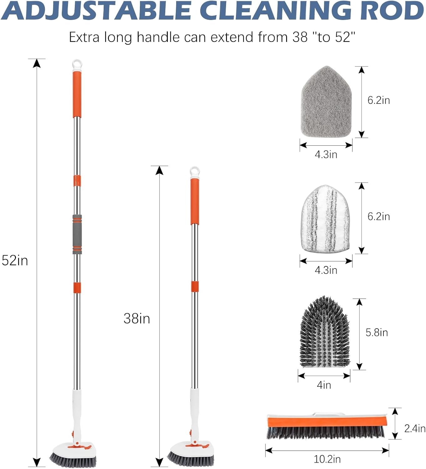 Effortless 52-Inch Floor Scrubber with V-Shaped Grout Brush & Detachable Heads