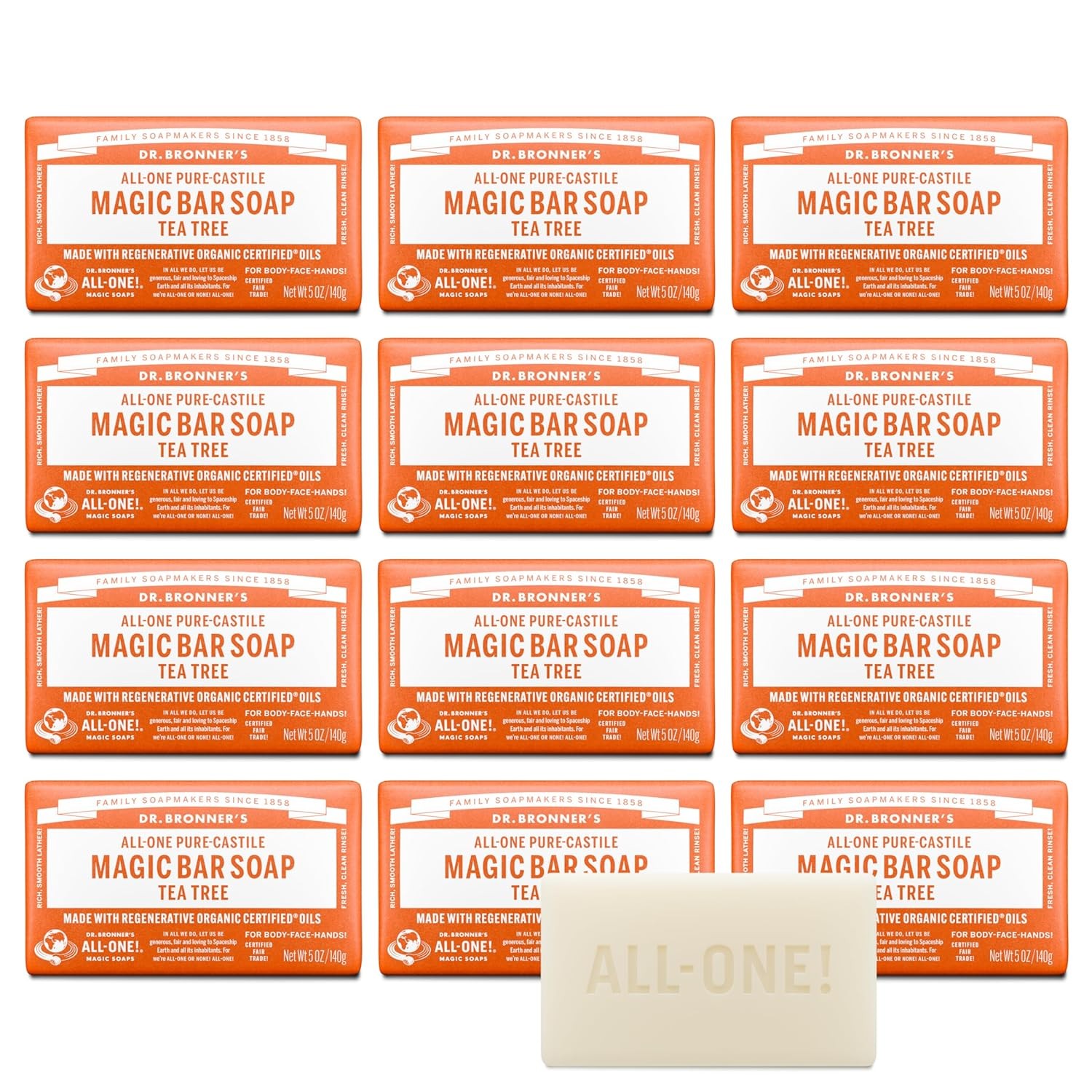 Dr. Bronner’s Pure-Castile Magic Bar Soap – Tea Tree, Made with Regenerative O