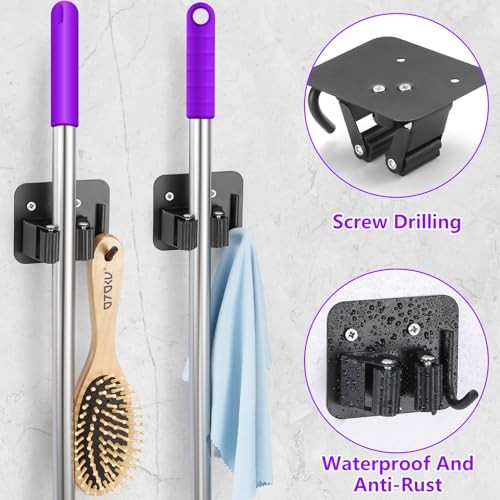 Stainless Steel Broom Mop Holder Wall Mount Rack 4 Gripper Positions 4 Hooks Bla