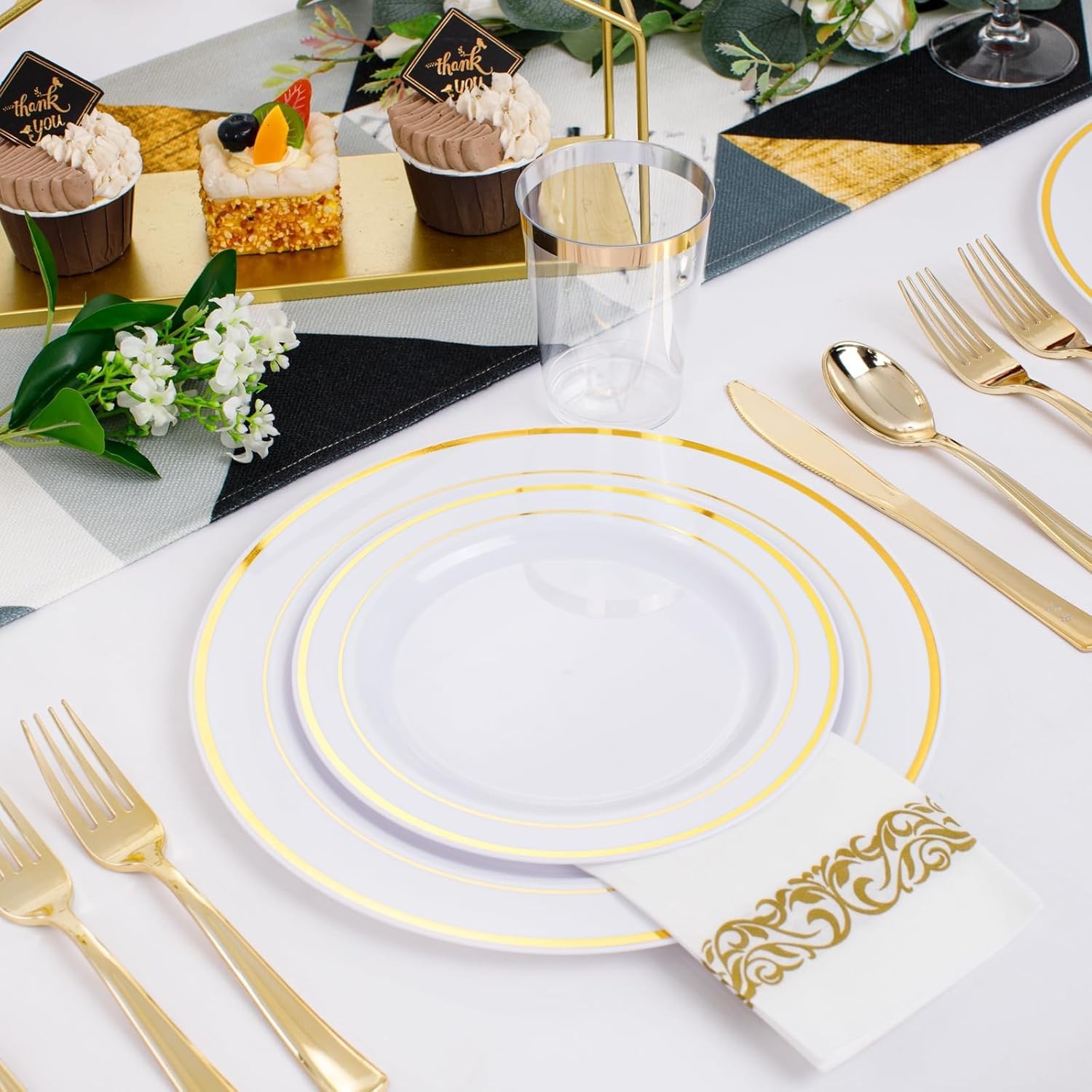 350 Pieces White and Gold Plastic Plates – 50 Guest Dinnerware Set Include 100