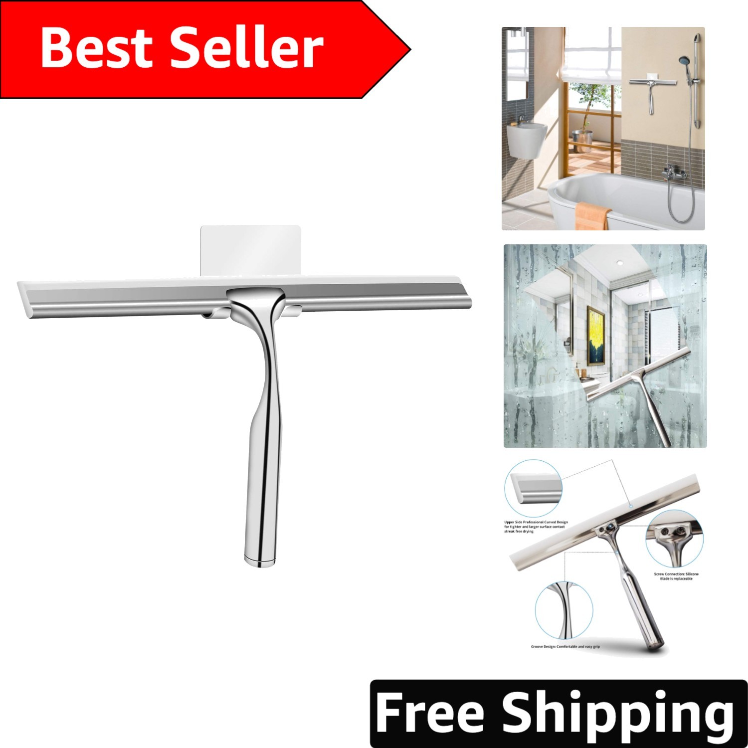10-Inch Stylish Stainless Steel Squeegee with Hook for Effortless Cleaning