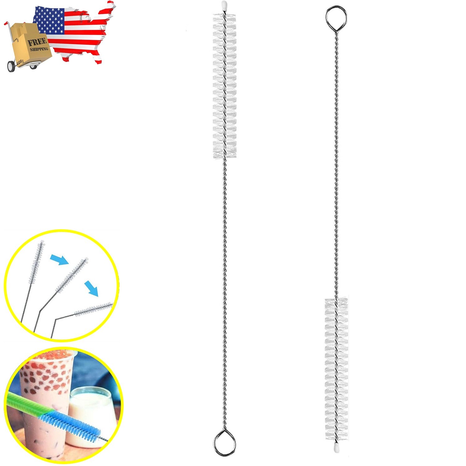 2 Pack Extra Long Straw Cleaner Brush, 10.6″ Reusable Metal Handle, 10mm Wide