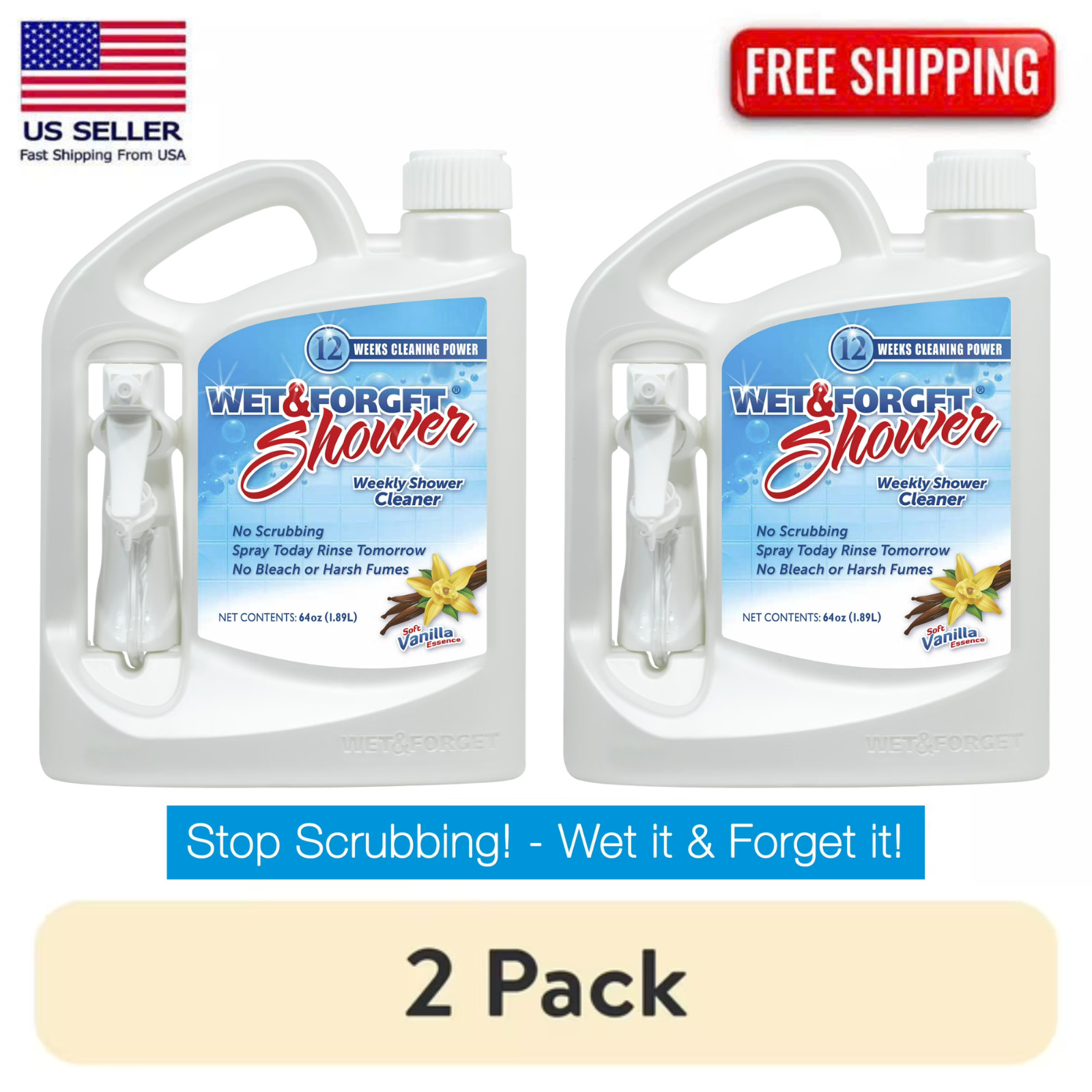 2 Pack Wet & Forget Shower Cleaner Spray Vanilla Scent 64 oz No Scrub Formula