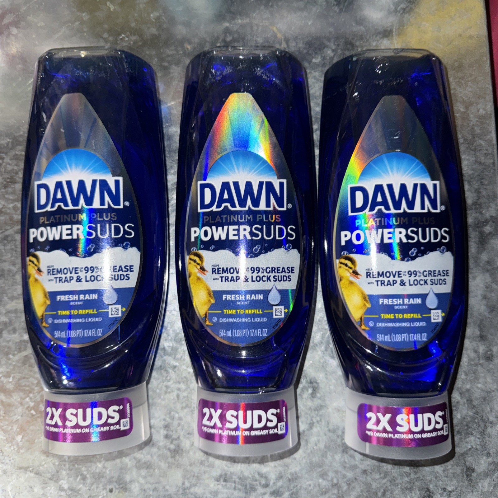 3 Pack Dawn Platinum Plus PowerSuds EZSqueeze Fresh Rain Scent 3×17.4 fl oz