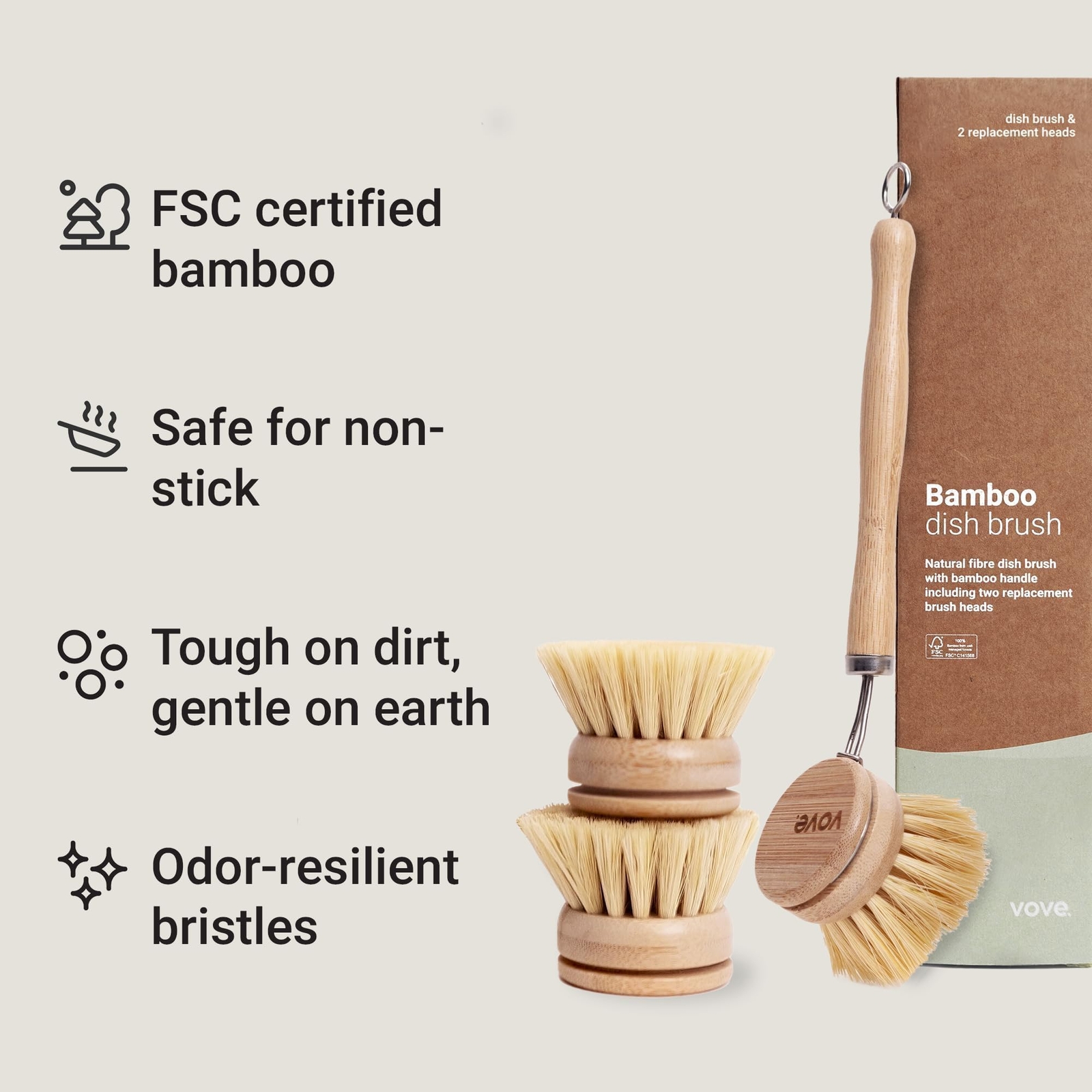 Eco-Friendly Bamboo Dish Brush with 3 Natural Bristle Replacement Heads