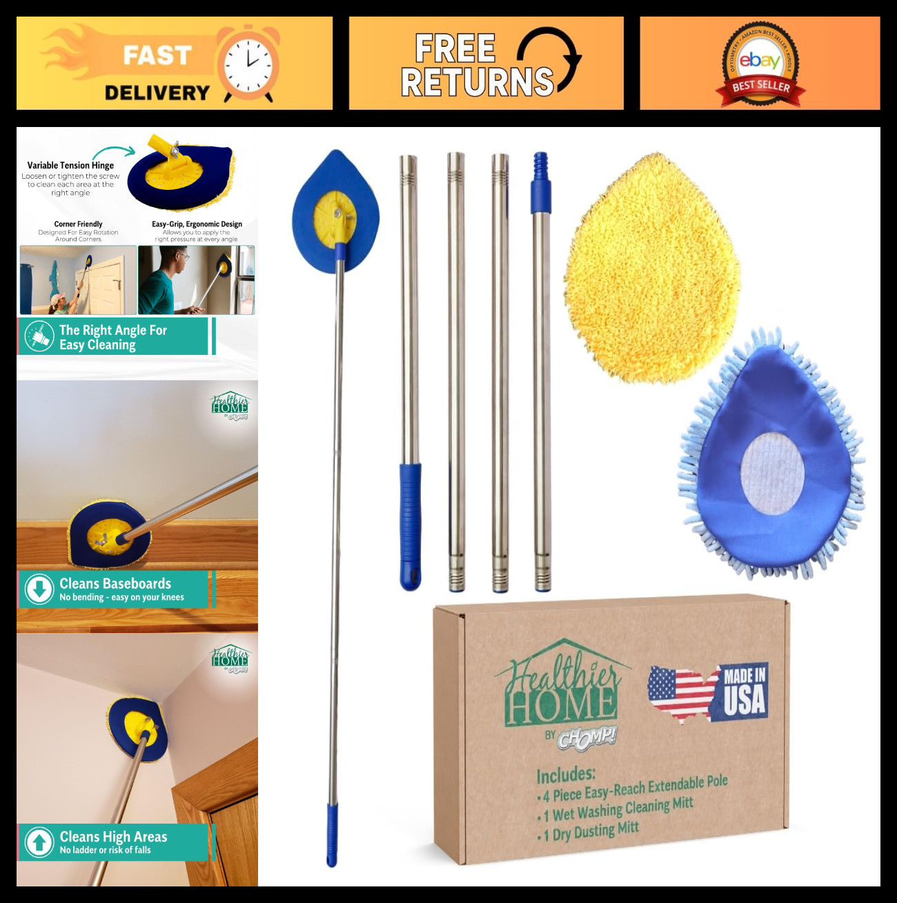 Extendable Wall Cleaner – Long Handle Ceiling & Baseboard Duster, Telescoping Mo