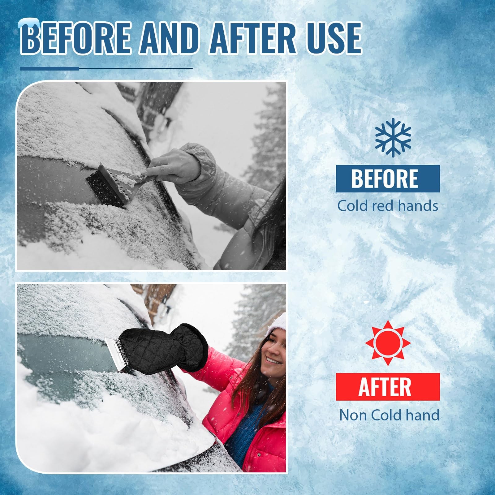 Ice Scraper with Glove Waterproof, Windproof, No Scratch Car Snow Removal