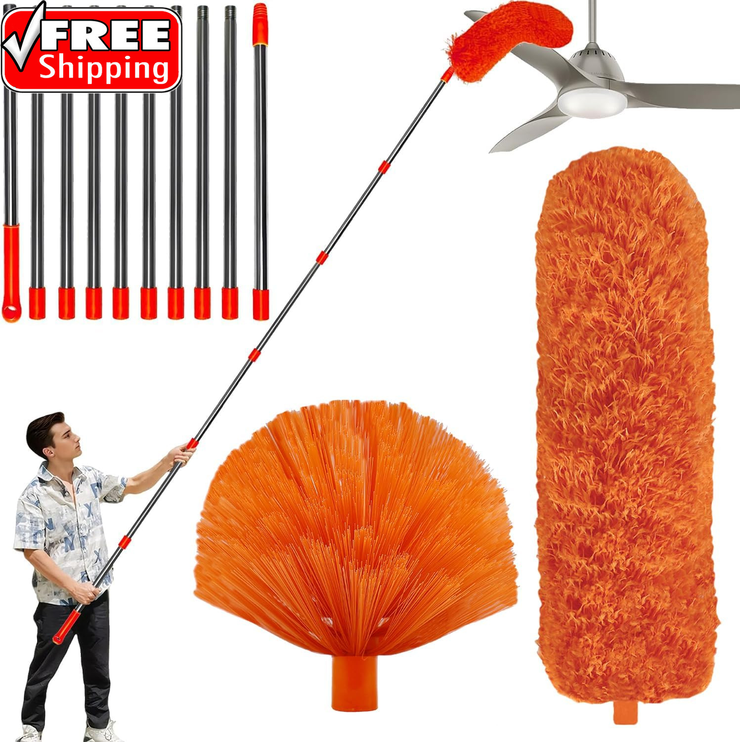 20 Feet High Reach Duster Kit with 2-14 Ft Extension Pole, Cobweb & Corner Brush