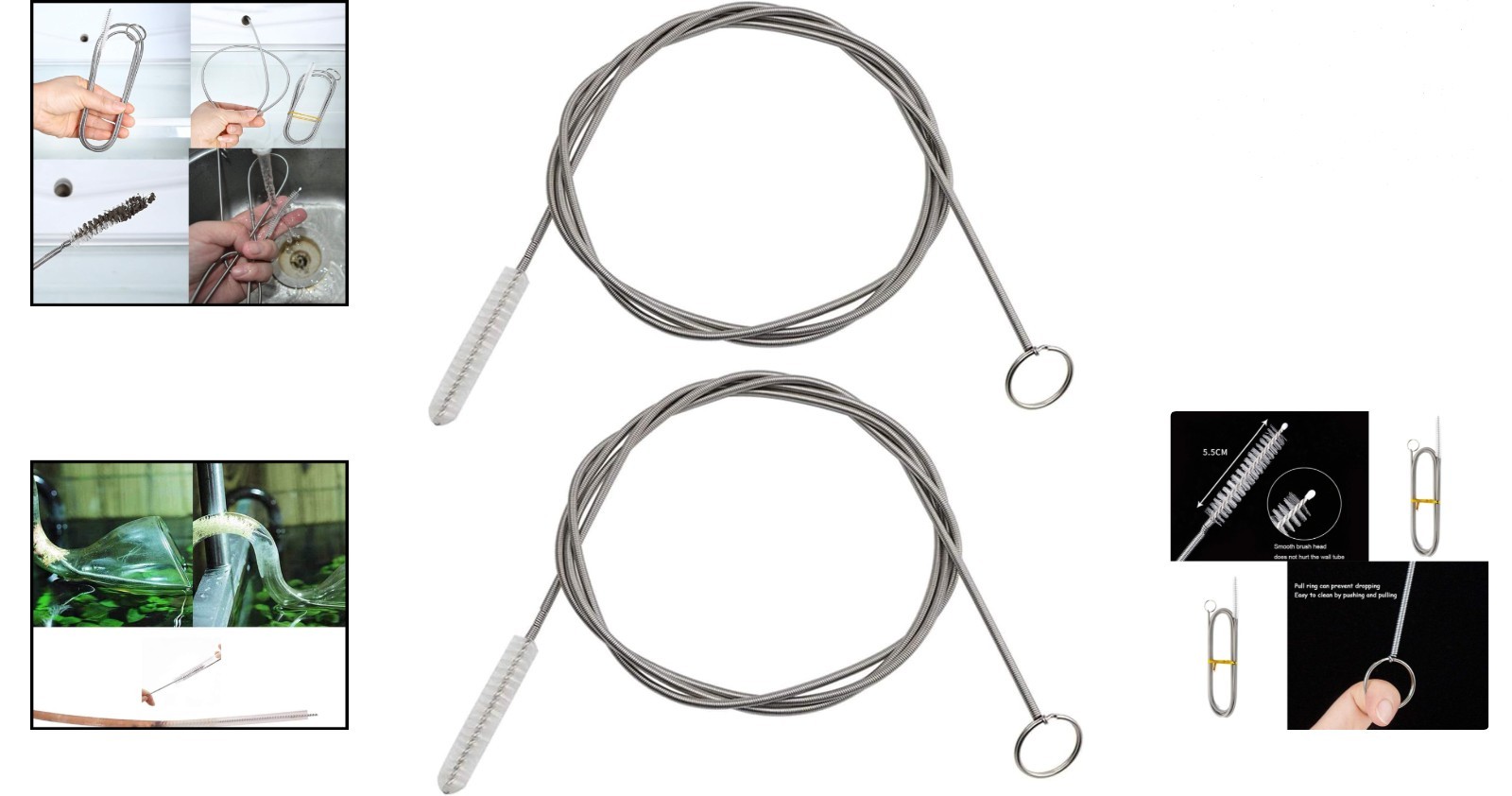 2 Pack Flexible 60-Inch Tubing Cleaner Brush Stainless Steel Nylon Bristles D…