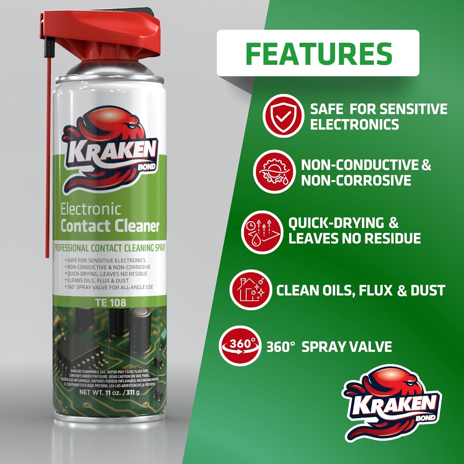 KRAKEN BOND Electronic Contact Cleaner Spray – (12X11 Oz) – Fast-Drying, Residue