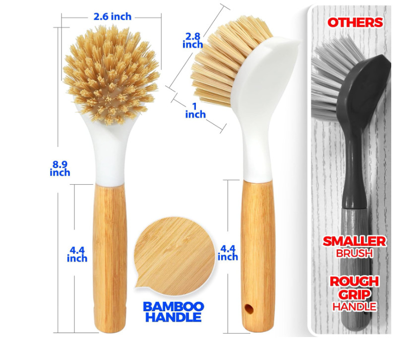 Holikme 3 Pack Dish Brush Set Bamboo Handle for Pot Sink Stove Cleaning