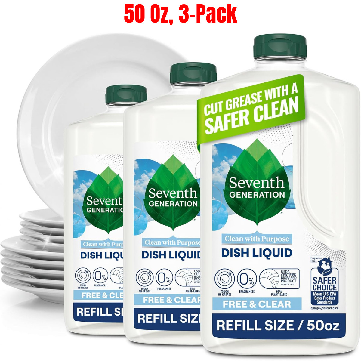 Seventh Generation Dish Soap Refill, Free & Clear, 50 fl oz, 3 Pack, Free Ship
