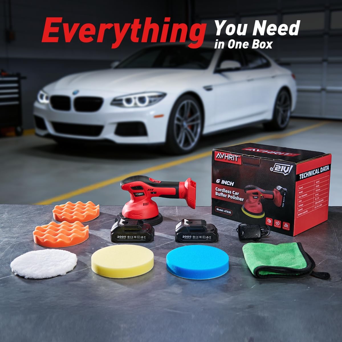 Cordless Car Buffer Polisher kit w/ 2x2000mAh 21V Batteries, 6 Inch Car buffer W