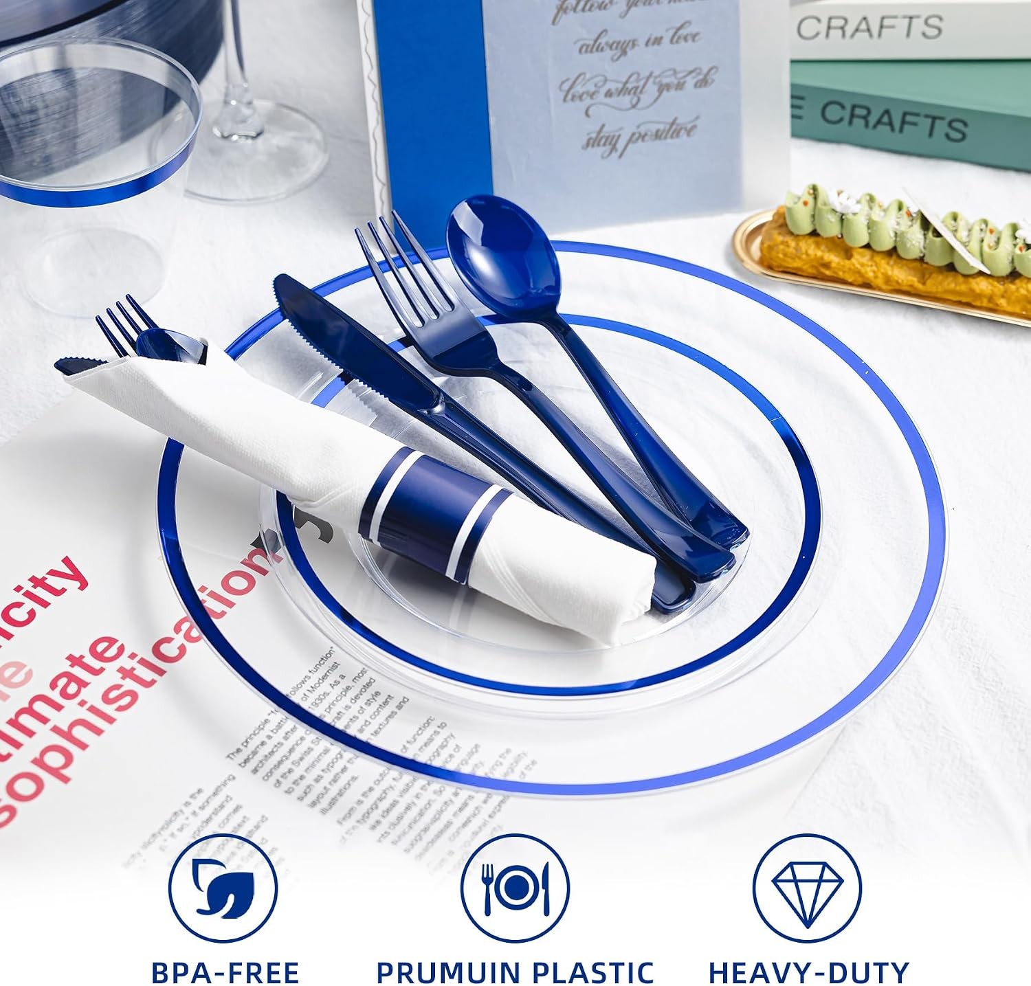 350 PCS Dark Blue Plastic Dinnerware Set for Party, Clear Disposable Plates fo