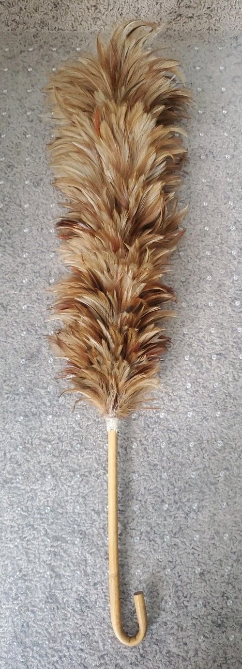 Vintage Chinese Long Chicken Hen Feather Duster w/ Hooked Bamboo Handle 26″