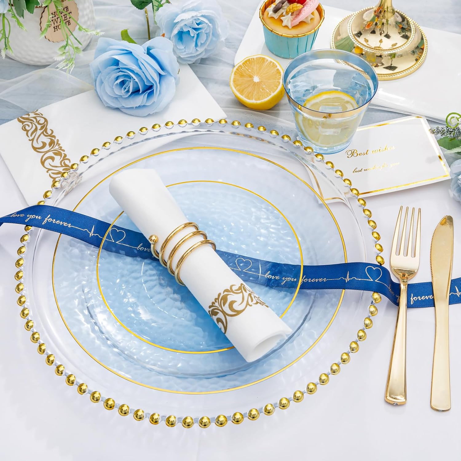 175PCS Clear Blue Gold Plastic Dinnerware Set for 25 Guests, Hammered Disposable