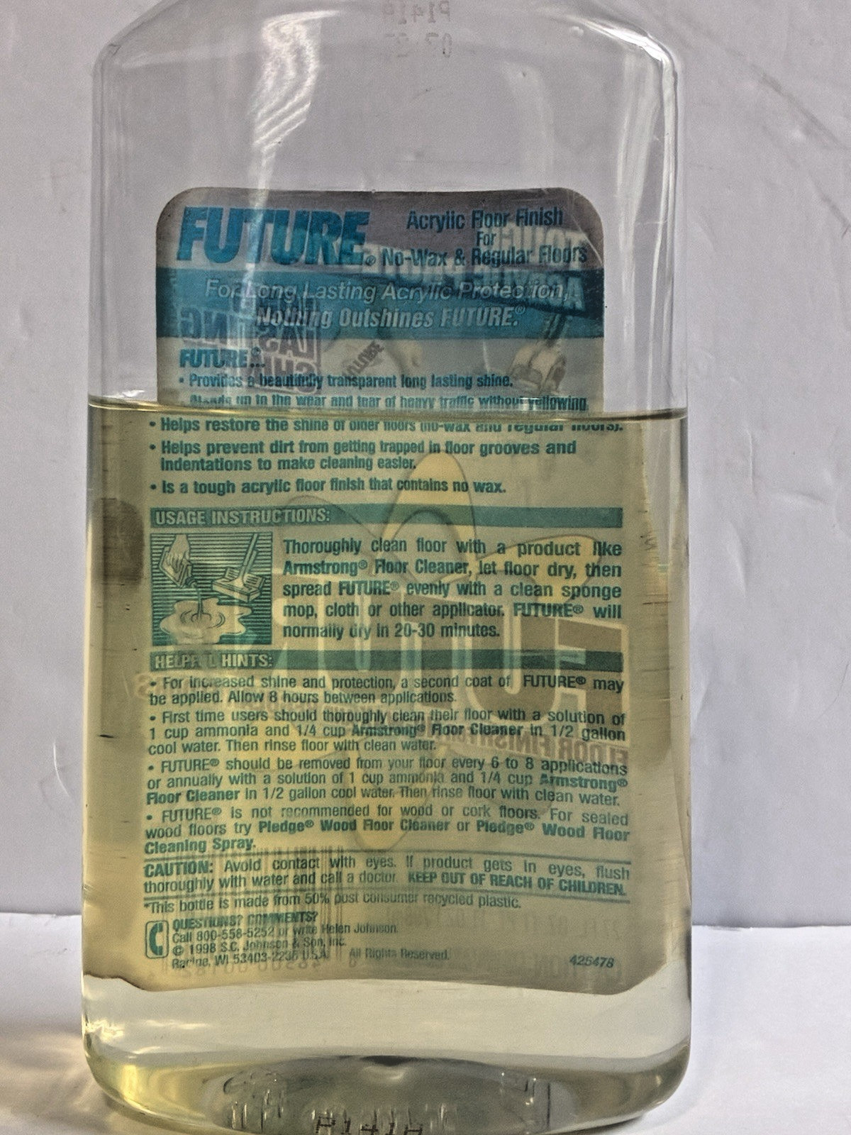 Vintage FUTURE Floor Finish Cleaner Shine 27 oz Bottle SC Johnson 1998 65% Full