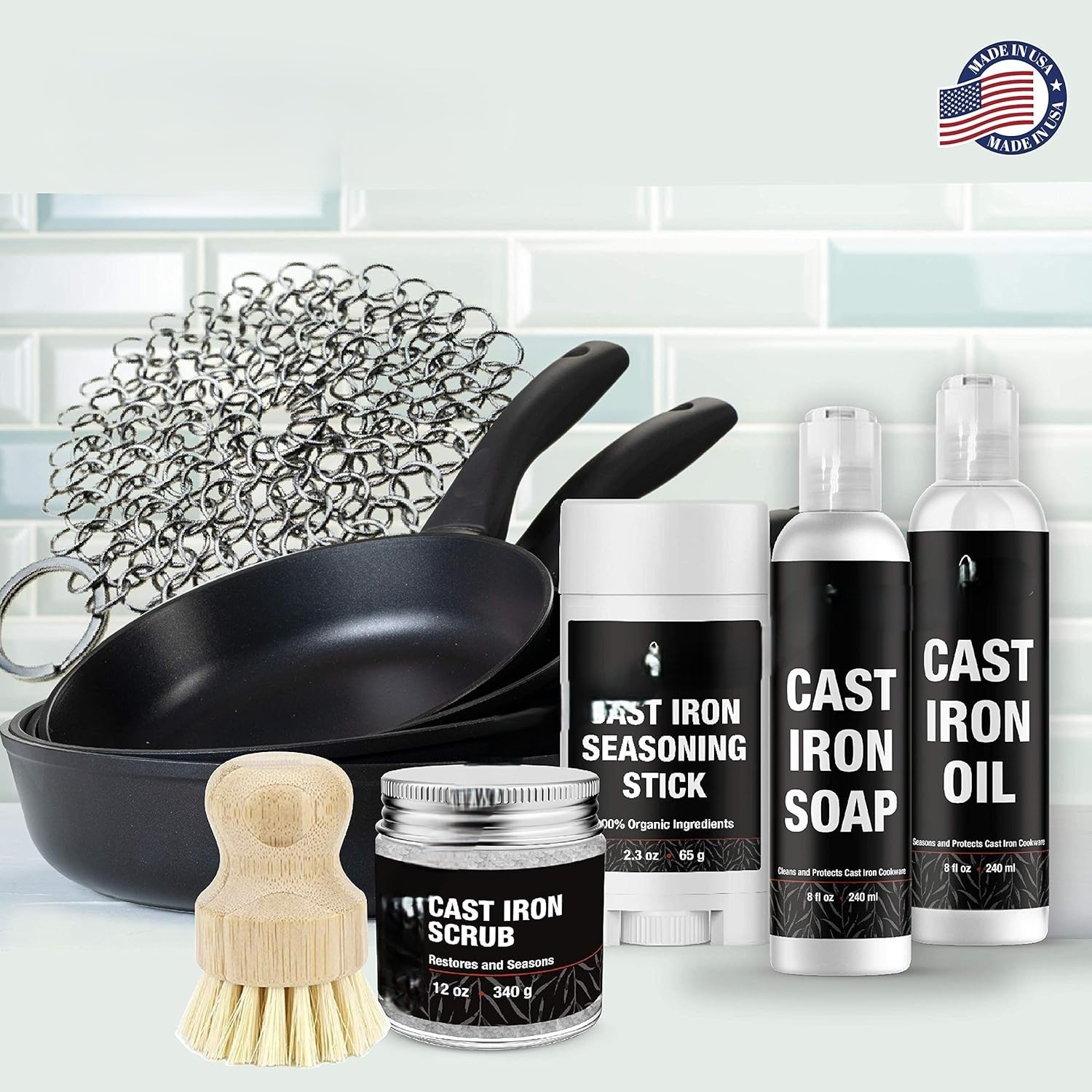 Cast Iron Cleaning Kit Soap Oil Scrubber Restore Cookware Care Set