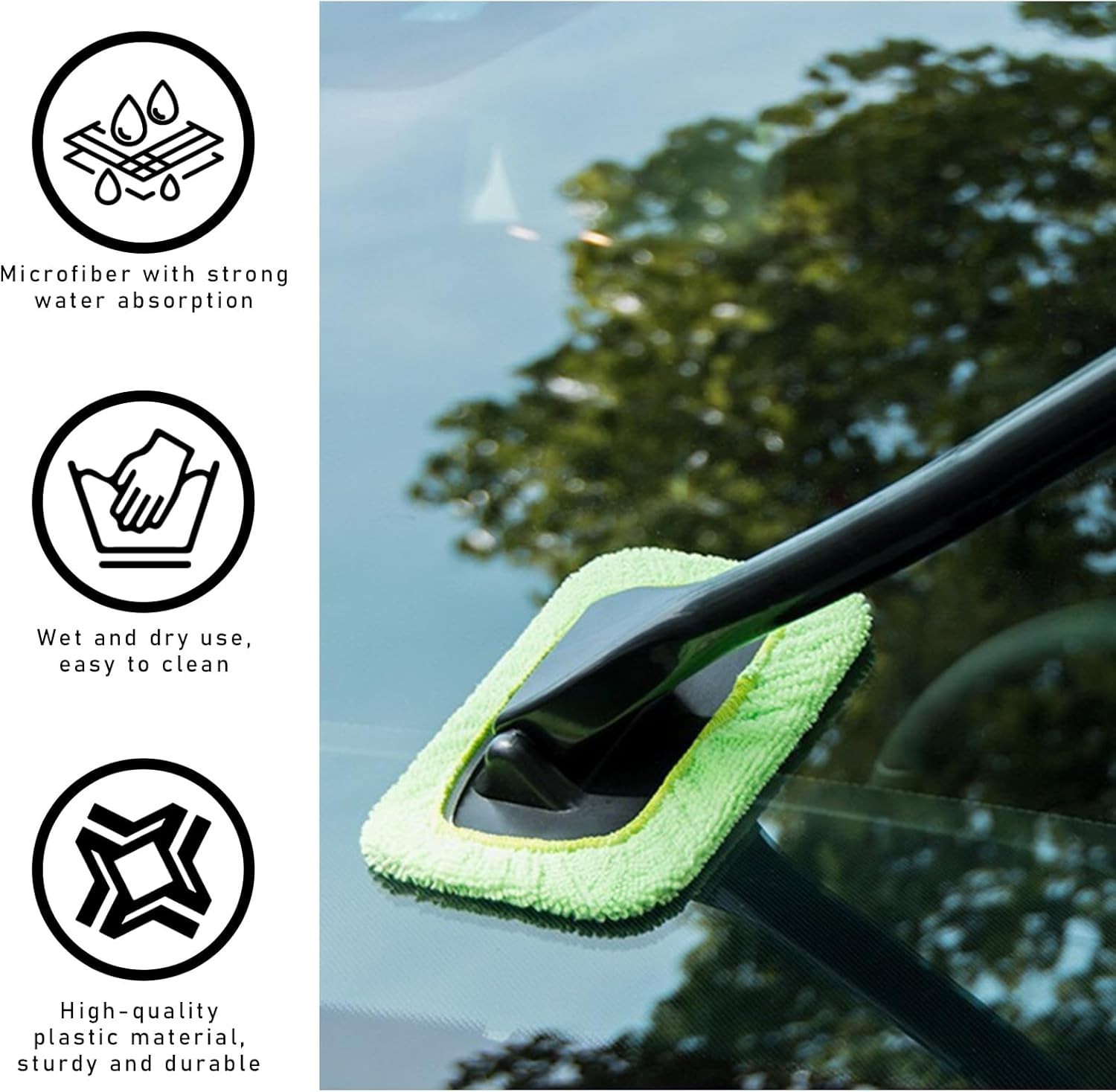 Car Glass Cleaning Tools with Washable & Reusable Microfiber Pads Anti-Fog Brush