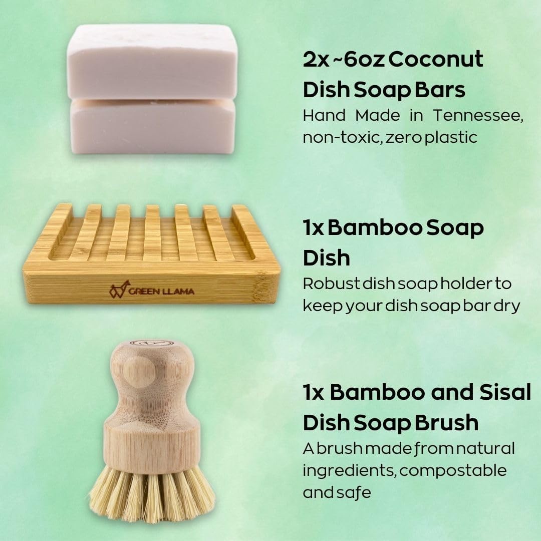 Dish Washing Bar Soap Set with 2 Solid Coconut Oil Bars Sisal Scrub Brush