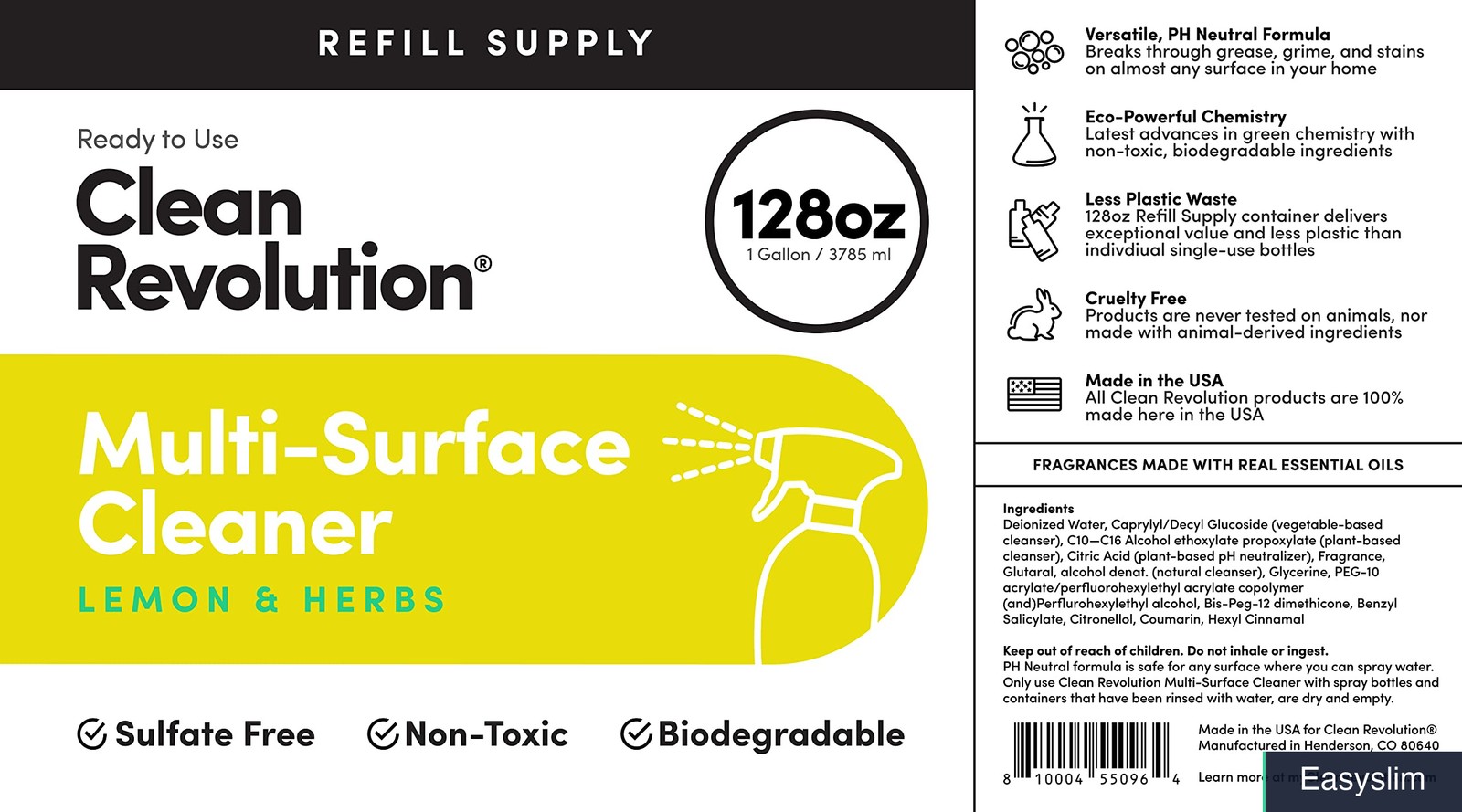 Multi-Surface Cleaner Refill 128 Oz (1 Gallon), Plant-Based, Ready to Use