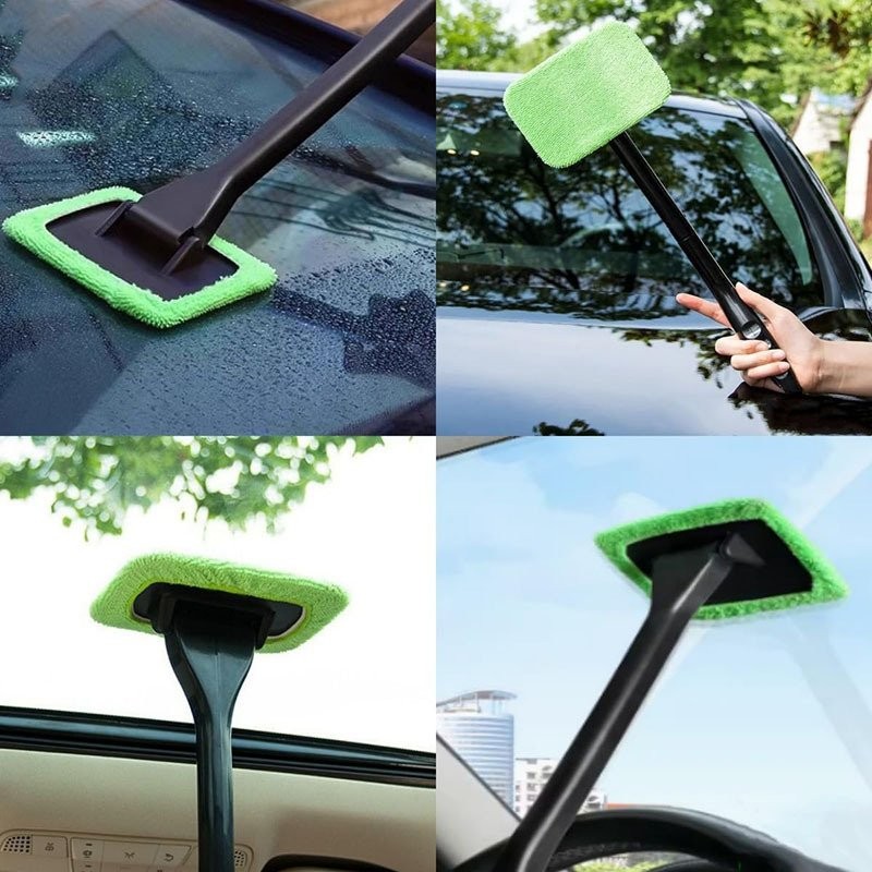 CAR WINDOW CLEANER WINDSHIELD CLEANING WAND TOOL ROTABLE HEAD W/ 5 REUSABLE PADS