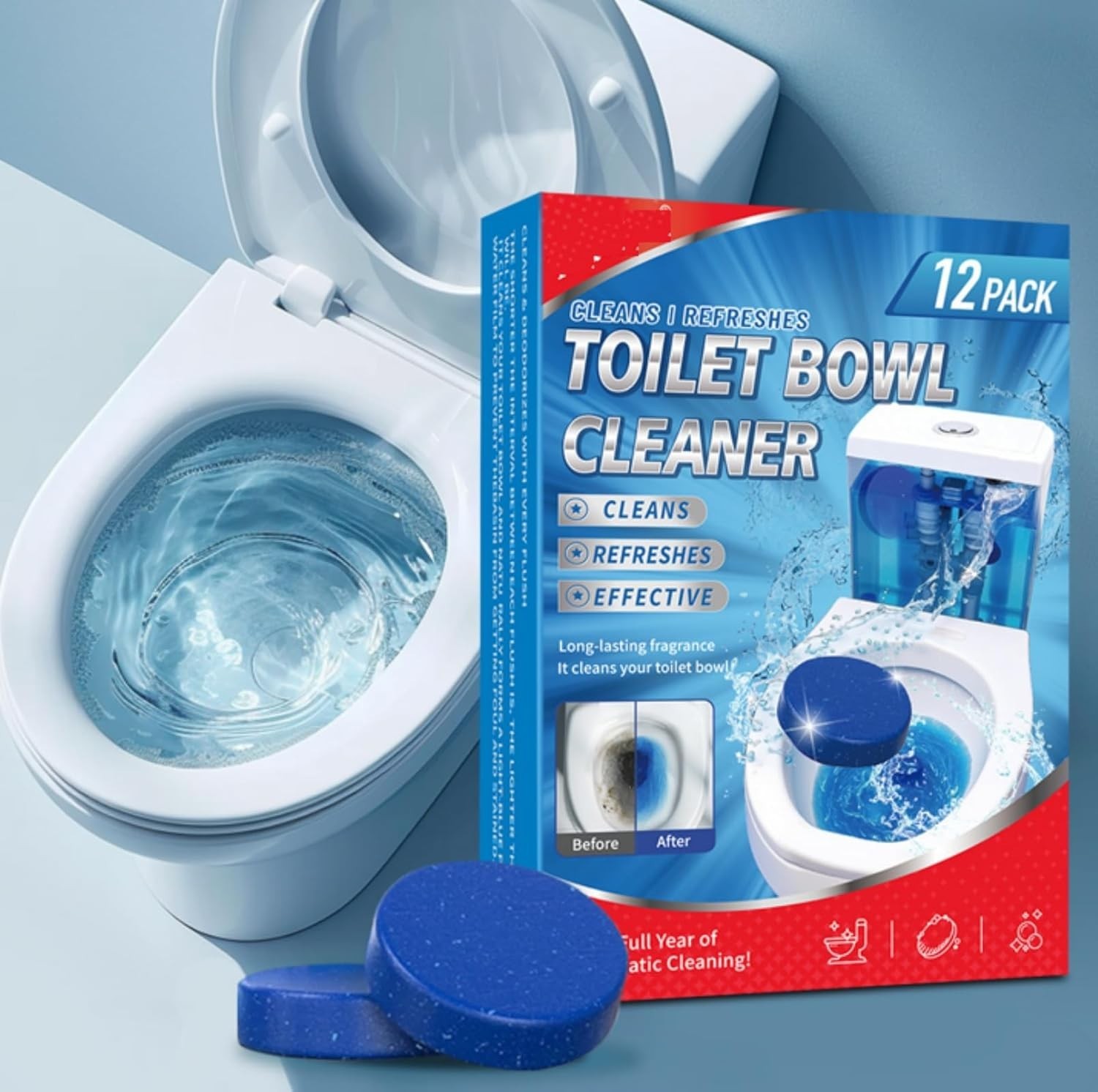 12 Pack Automatic Toilet Bowl Cleaner Tablets Put in the Toilet Tank