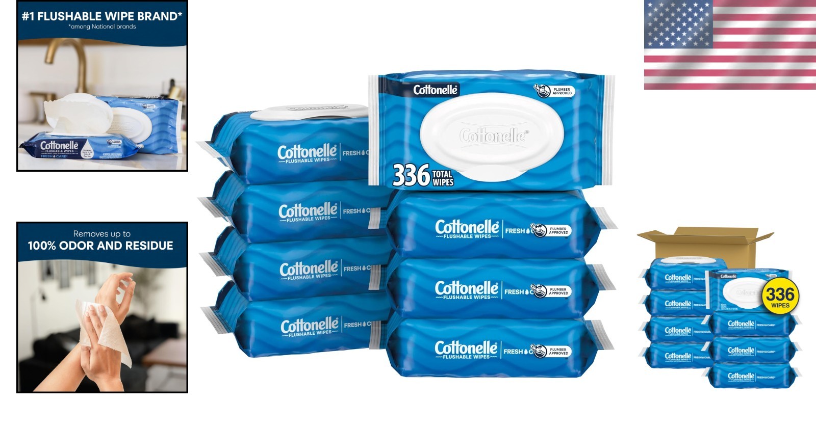 Ultra Clean Cottonelle Flushable Wipes – 8 Flip-Top Packs, Unscented Comfort